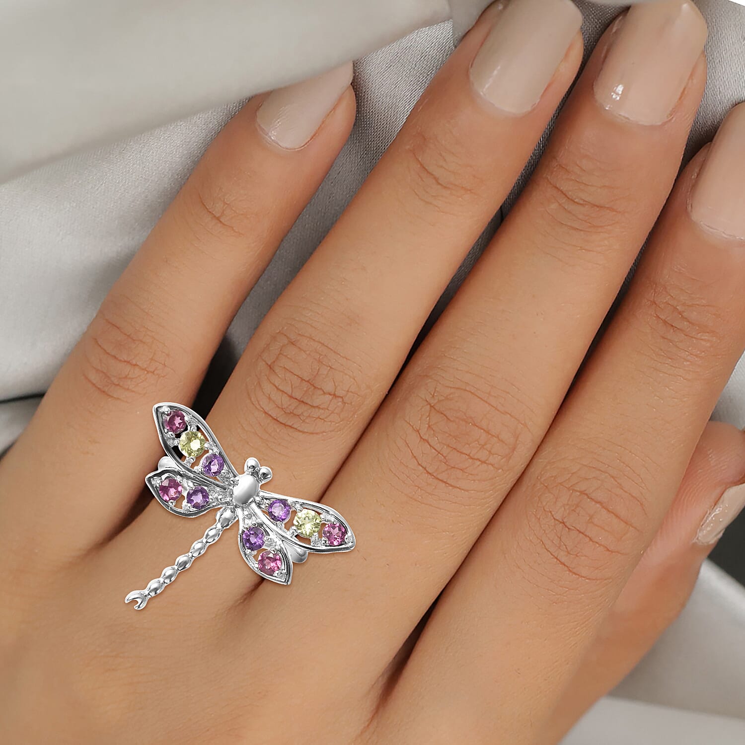 LucyQ Dragonfly Collection - Rhodolite Garnet, Natural Hebei Peridot & Amethyst Ring in Rhodium Overlay Sterling Silver