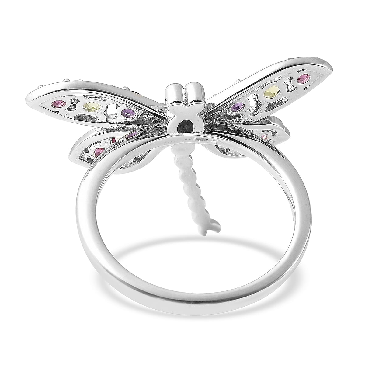 LucyQ Dragonfly Collection - Rhodolite Garnet, Natural Hebei Peridot & Amethyst Ring in Rhodium Overlay Sterling Silver
