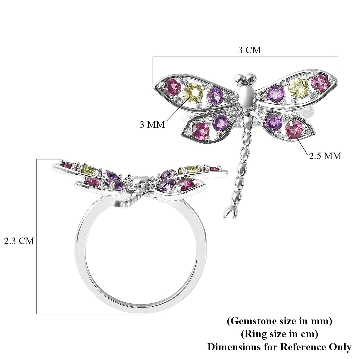 LucyQ Dragonfly Collection - Rhodolite Garnet, Natural Hebei Peridot & Amethyst Ring in Rhodium Overlay Sterling Silver