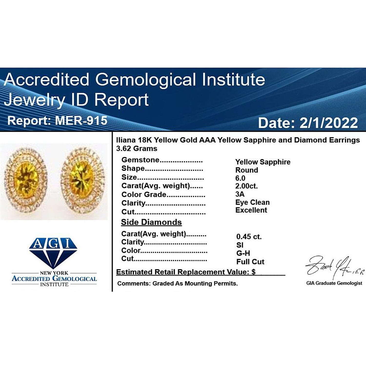 Certified AGI 18K Yellow Gold AAA  Yellow Sapphire and Diamond (SI) Stud Earrings 2.45 Ct, Gold Wt. 5.00 Gms