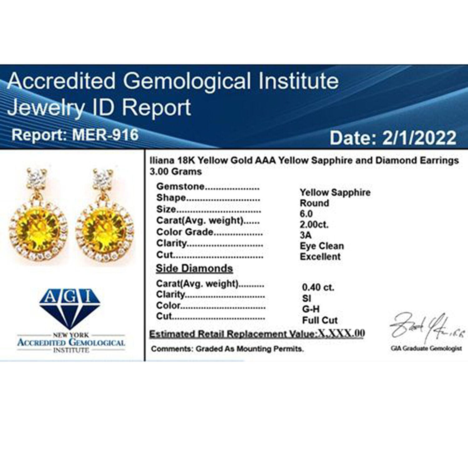 Certified and Appraised ILIANA 18K Yellow Gold AAA Yellow Sapphire and SI GH Diamond Earrings 3 grams, 2.40 Ct