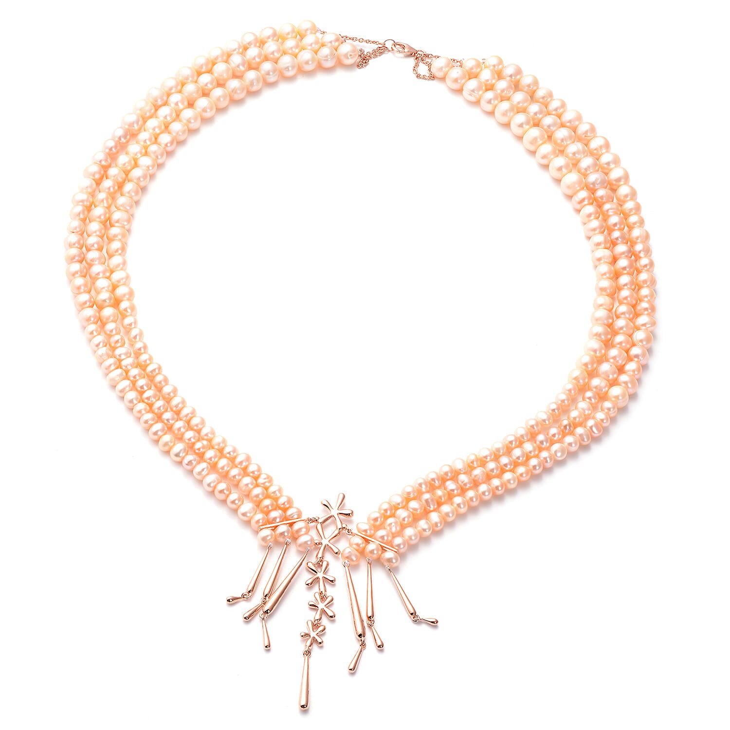 LucyQ Pearl Splash Collection- Peach Freshwater Edwardian Pearl Statement Necklace (Size 24) in Rose Gold Overlay Sterling Silver