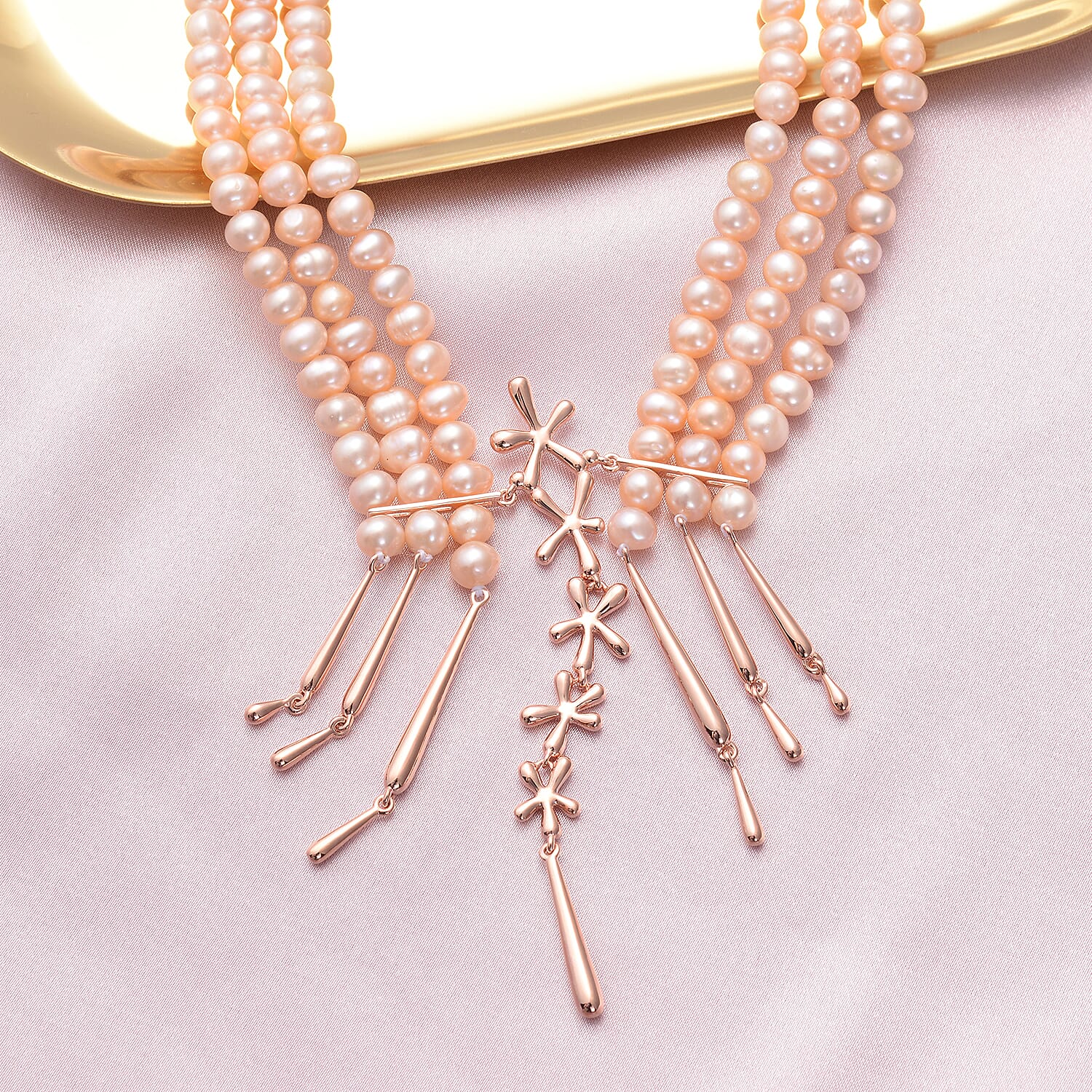 LucyQ Pearl Splash Collection- Peach Freshwater Edwardian Pearl Statement Necklace (Size 24) in Rose Gold Overlay Sterling Silver