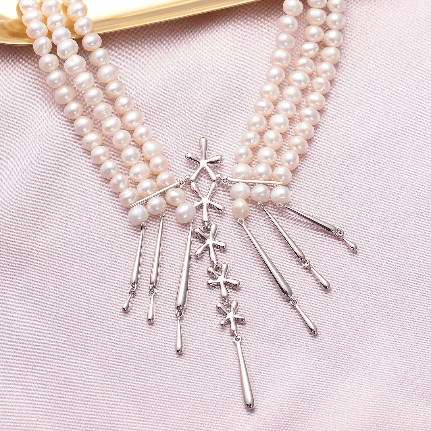 LucyQ Pearl Splash Collection - White Freshwater Edwardian Pearl Statement Necklace (Size 24) in Rhodium Overlay Sterling Silver, Silver Wt. 14.50 Gms