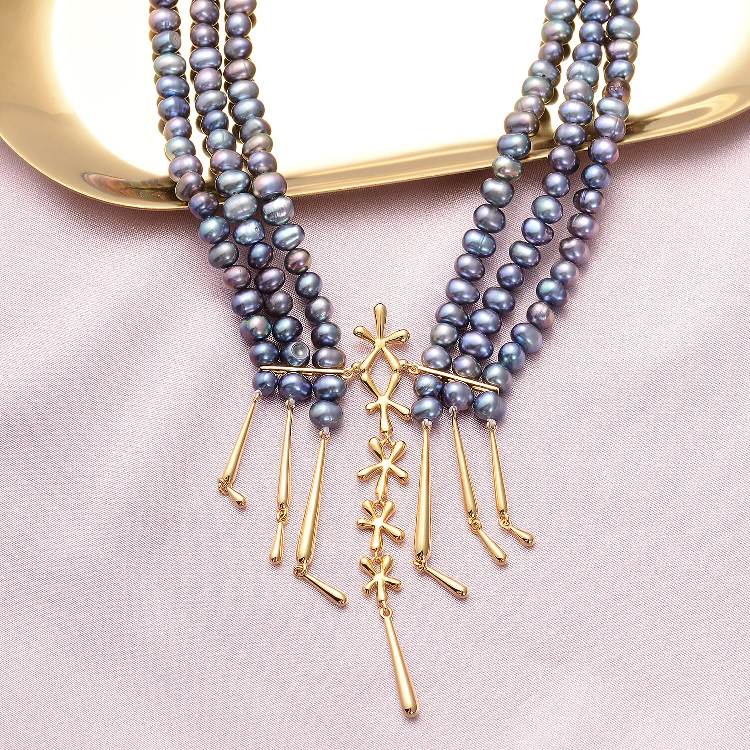 LucyQ Pearl Splash Collection - Freshwater Peacock Edwardian Pearl Statement Necklace (Size 24) in Yellow Gold Overlay Sterling Silver