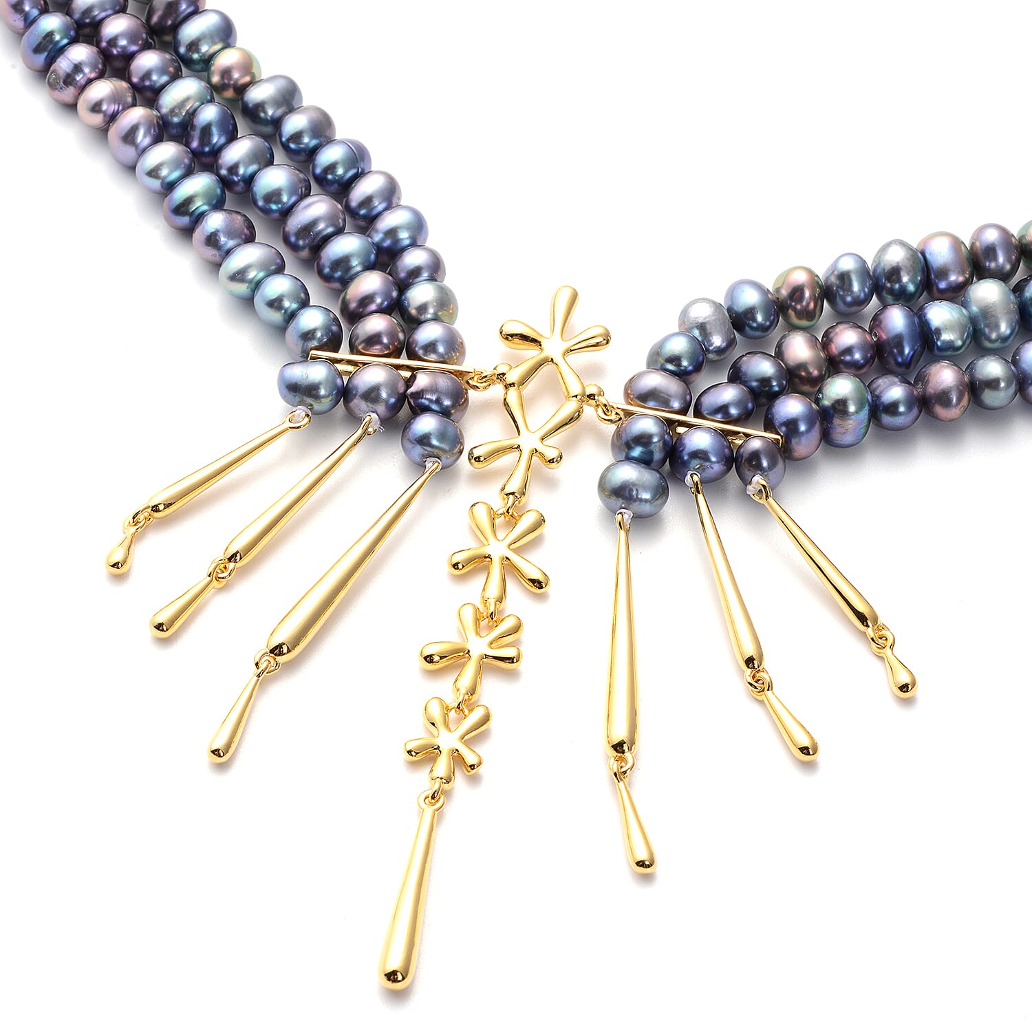 LucyQ Pearl Splash Collection - Freshwater Peacock Edwardian Pearl Statement Necklace (Size 24) in Yellow Gold Overlay Sterling Silver