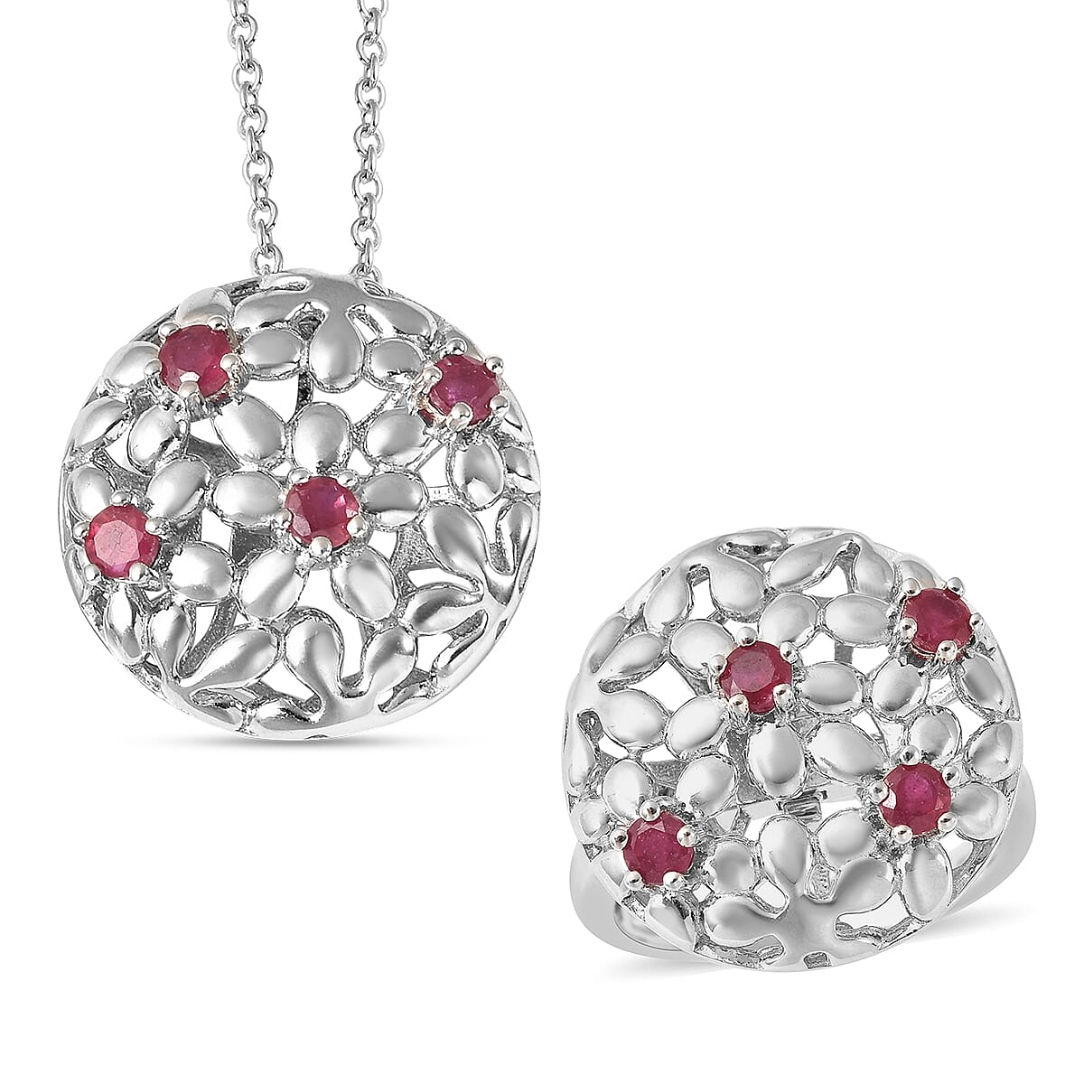 LucyQ Filigree Collection - African Ruby (FF) Interchangeable Poison Ring/Locket with Chain (Size 22) in Rhodium Overlay Sterling Silver, Silver Wt 8.72 Gms