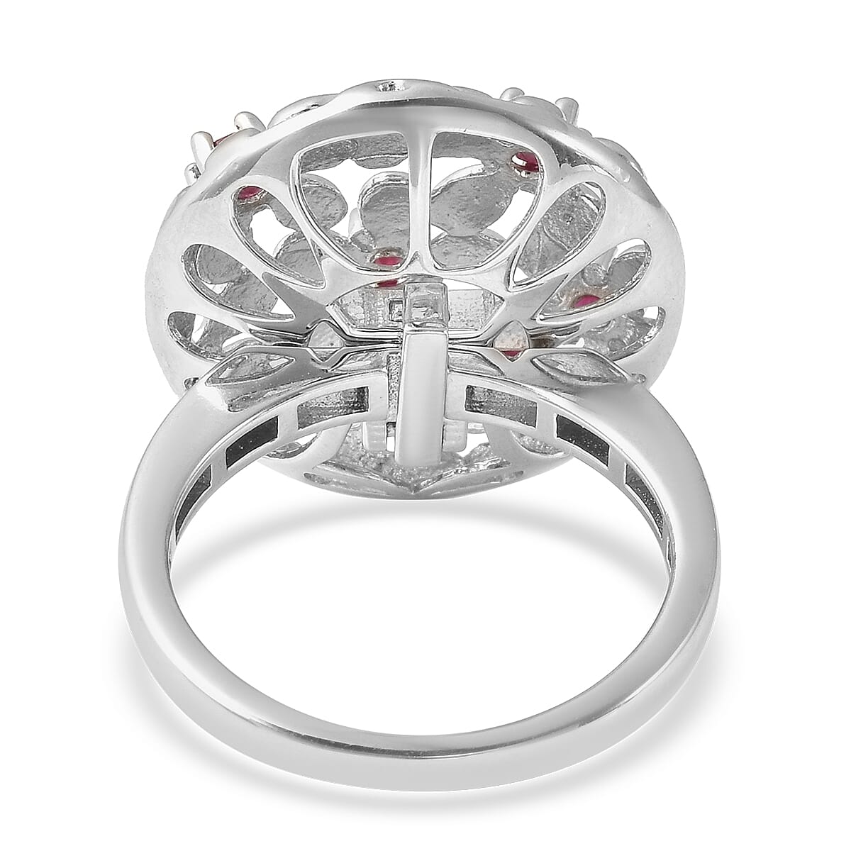 LucyQ Filigree Collection - African Ruby (FF) Interchangeable Poison Ring/Locket with Chain (Size 22) in Rhodium Overlay Sterling Silver, Silver Wt 8.72 Gms