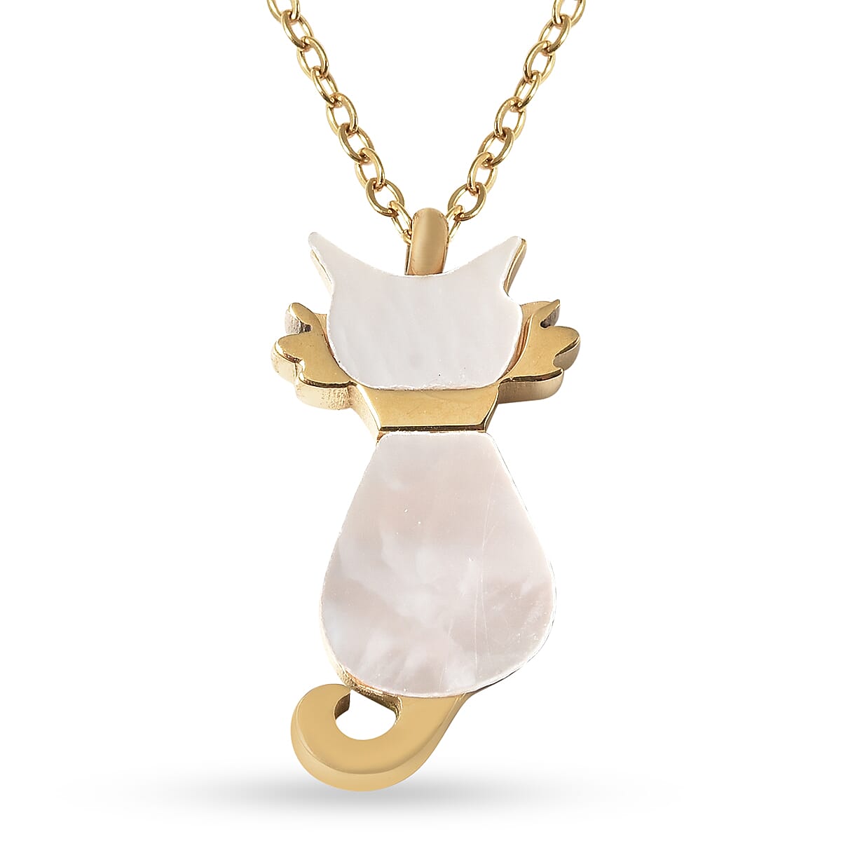 White Mother Of Pearl Cat Necklace (Size - 15.50) in Stainless Steel