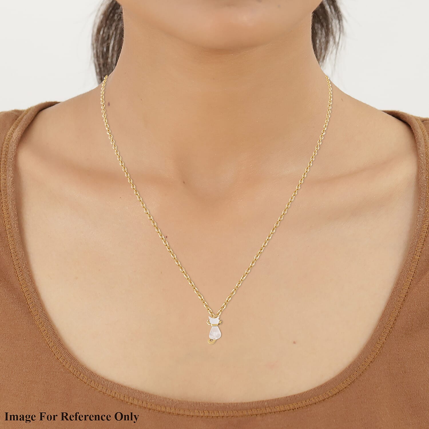 White Mother Of Pearl Cat Necklace (Size - 15.50) in Stainless Steel