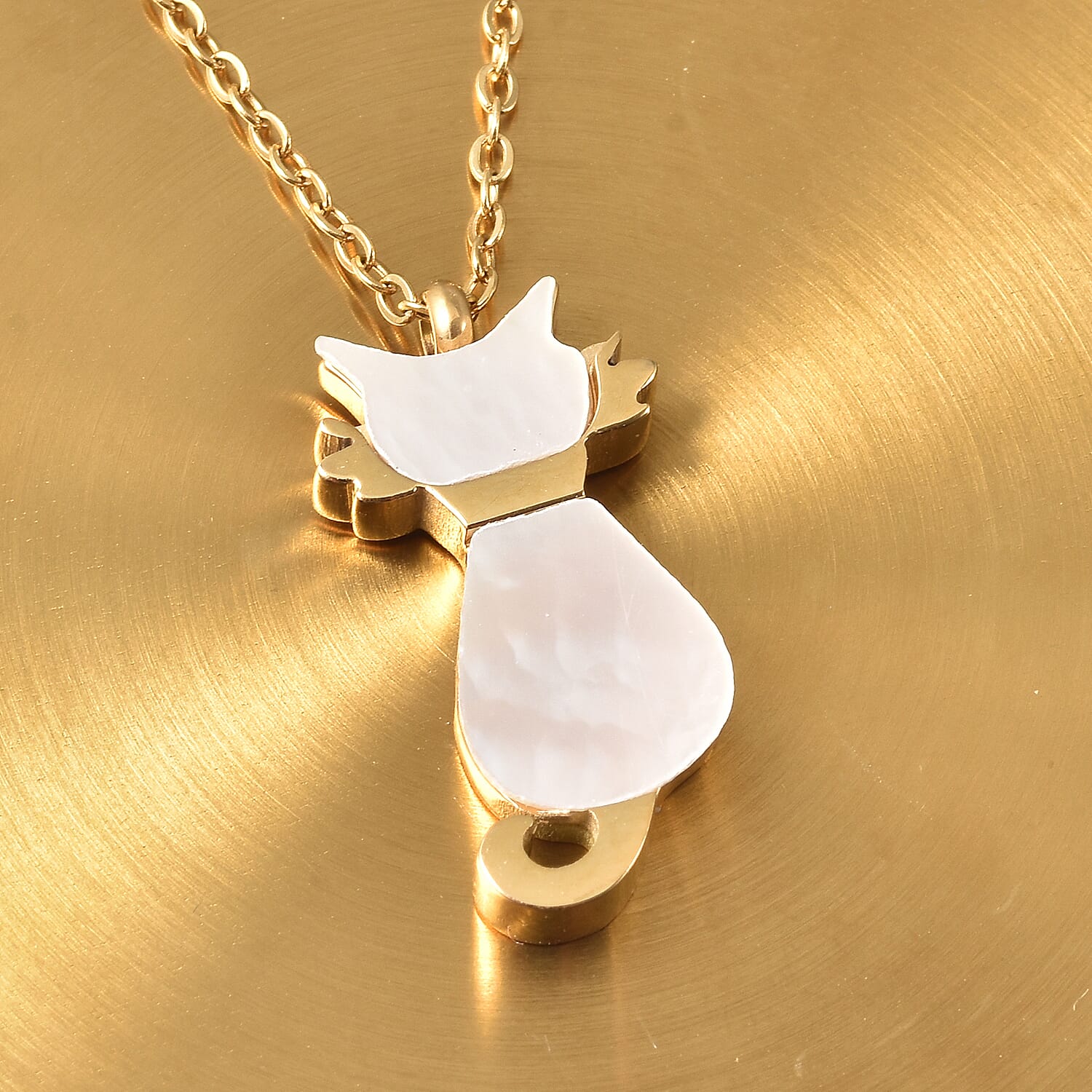 White Mother Of Pearl Cat Necklace (Size - 15.50) in Stainless Steel