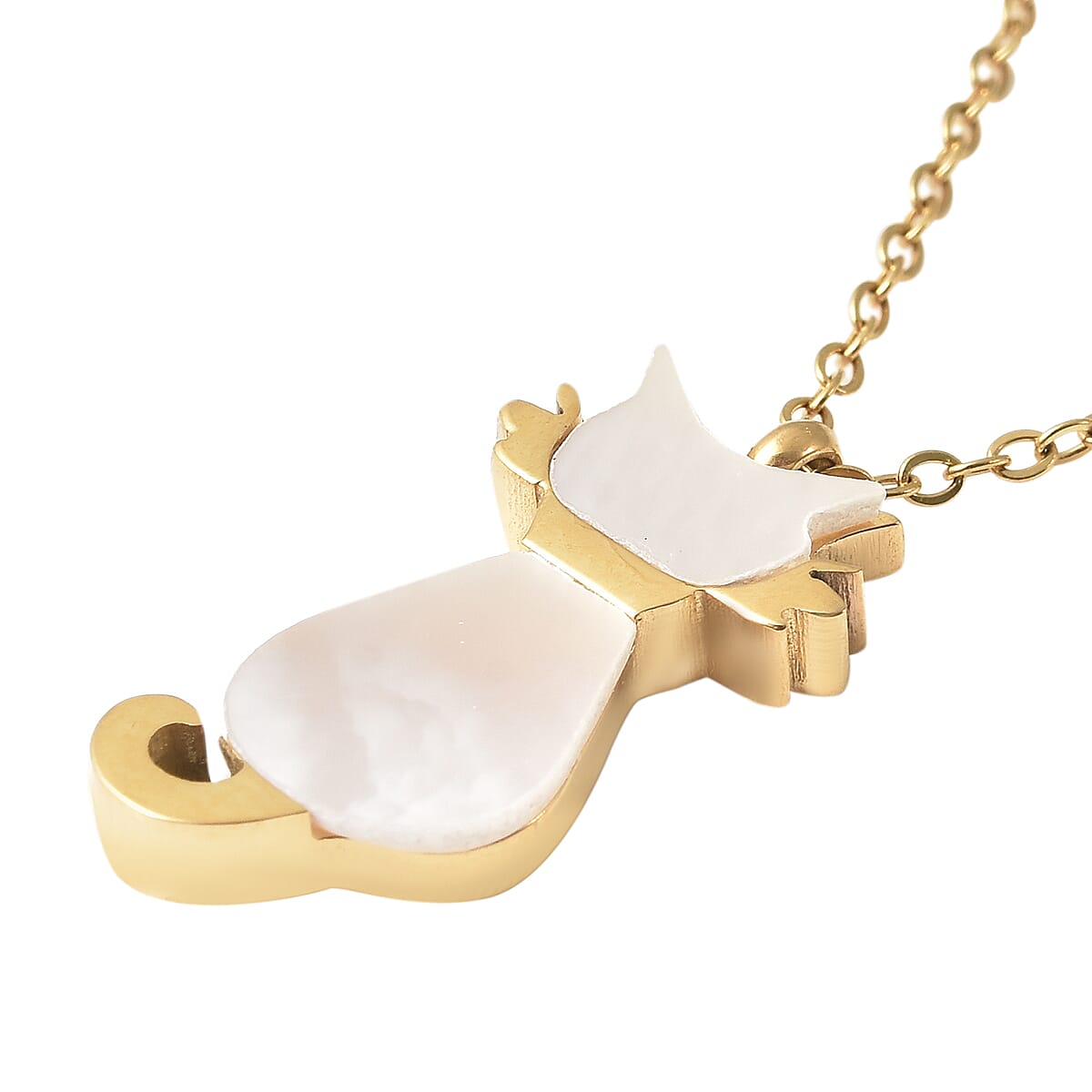 White Mother Of Pearl Cat Necklace (Size - 15.50) in Stainless Steel