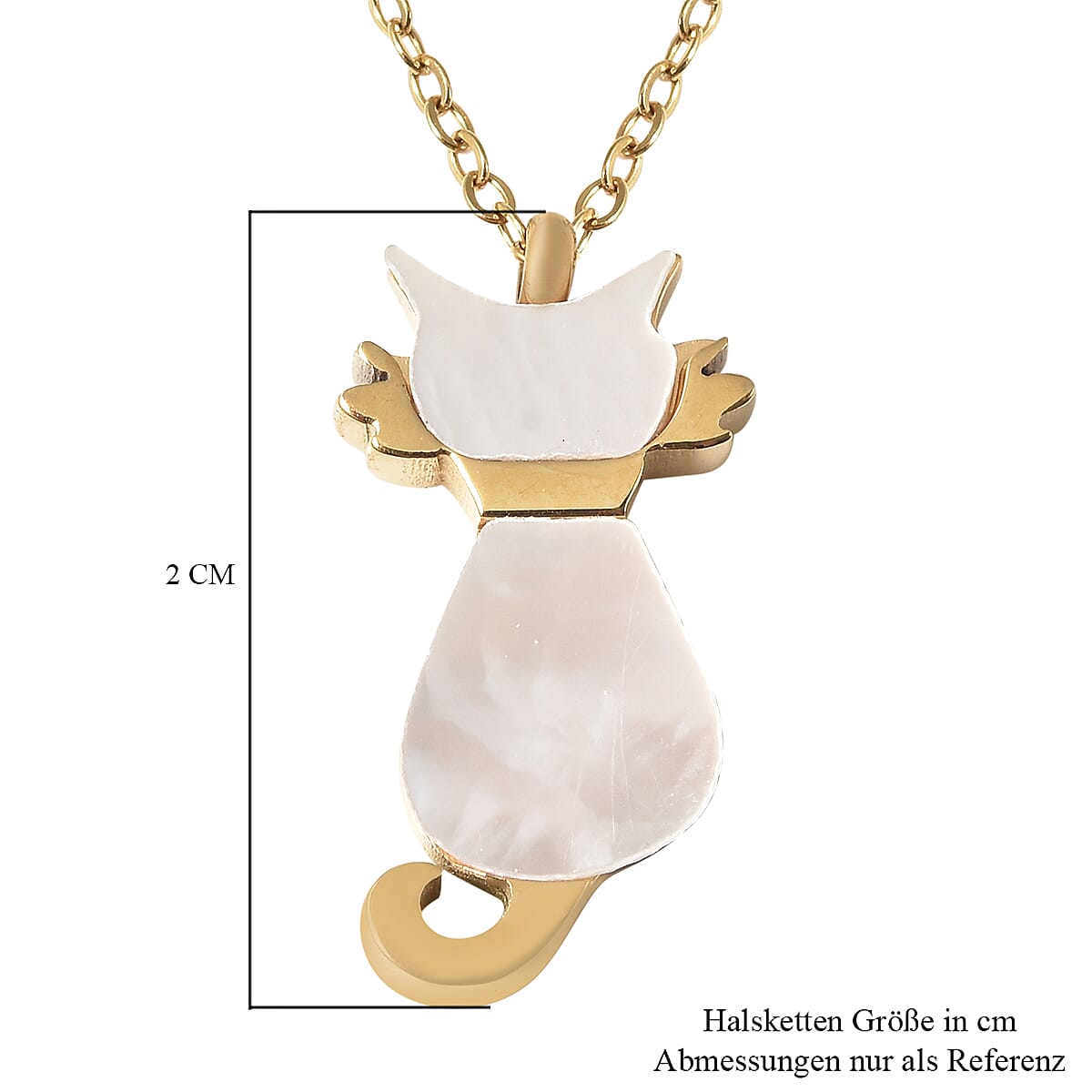 White Mother Of Pearl Cat Necklace (Size - 15.50) in Stainless Steel