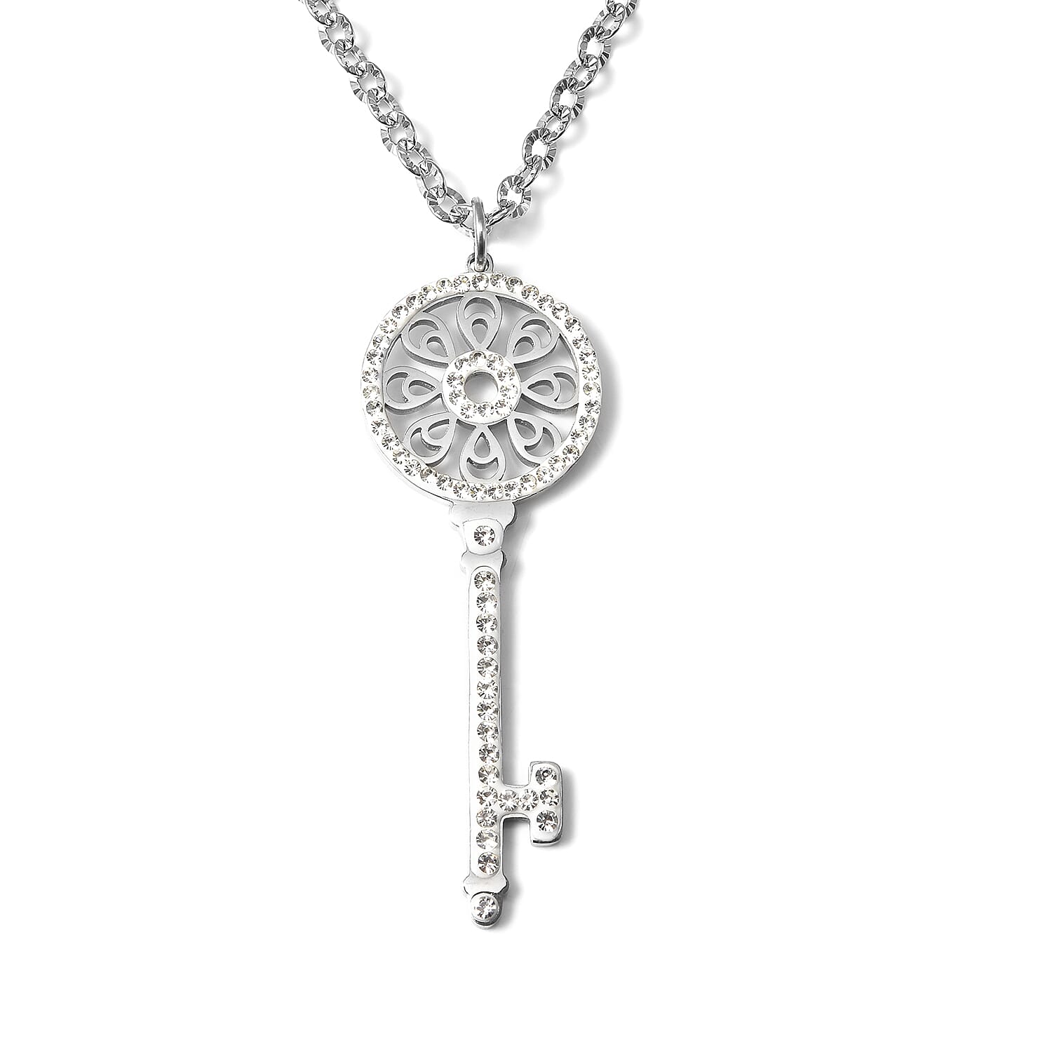 White Austrian Crystal Key Pendant with Chain (Size 28)
