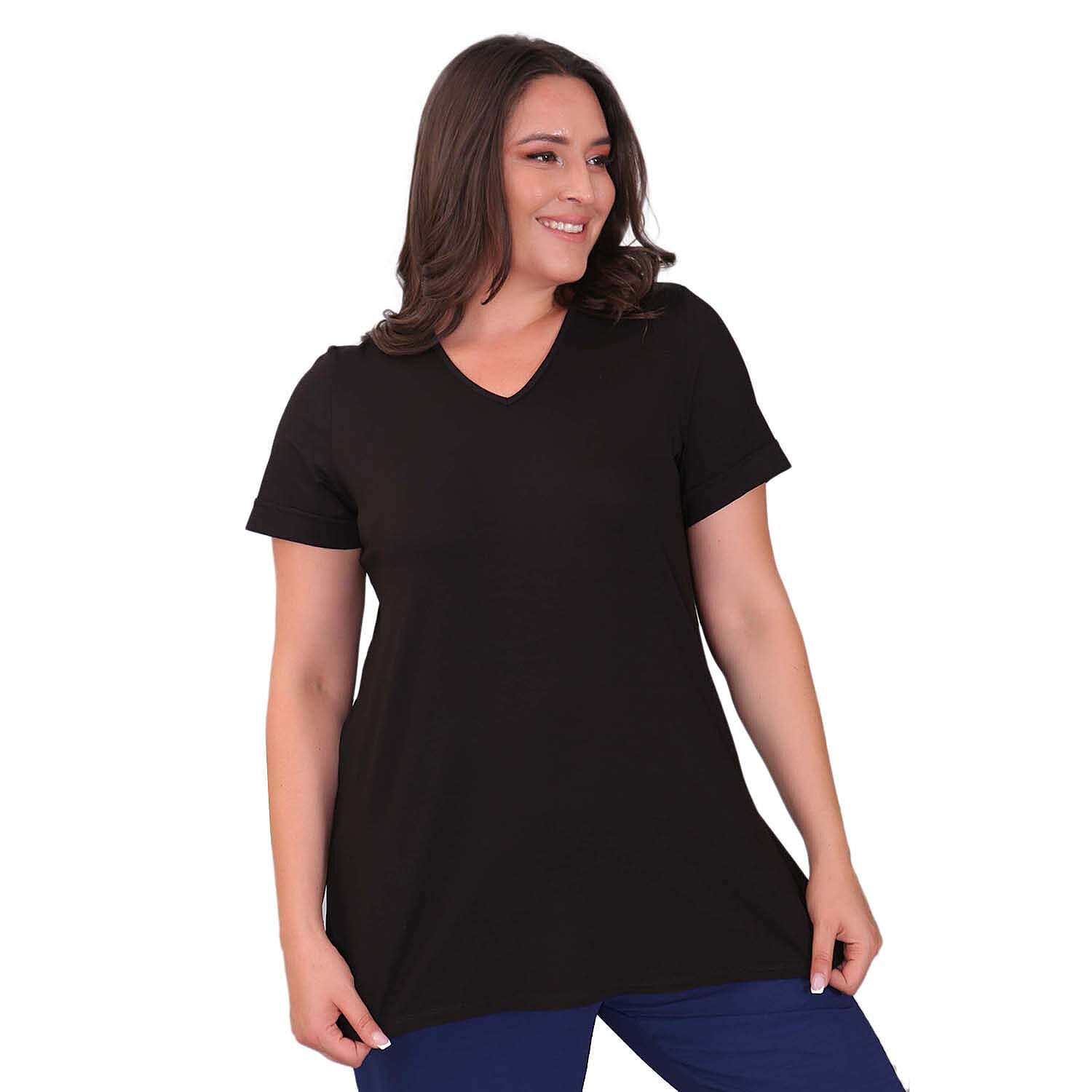 TAMSY Long Solid Coloured Viscose Tunic Top (Size S,8-10) - Black