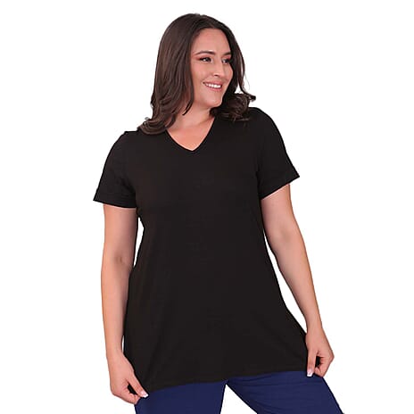 TAMSY Long Solid Coloured Viscose Tunic Top (Size S,8-10) - Black