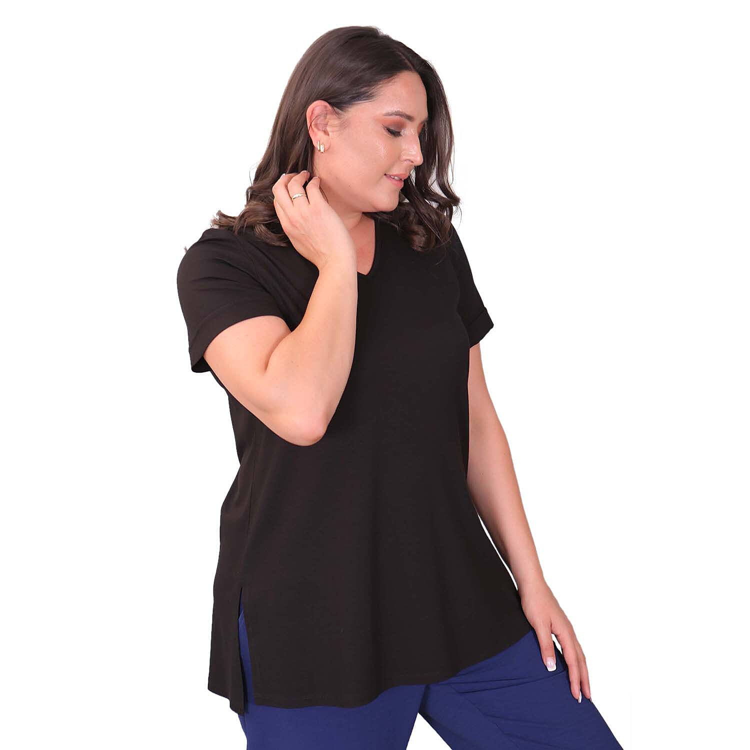 TAMSY Long Solid Coloured Viscose Tunic Top (Size S,8-10) - Black