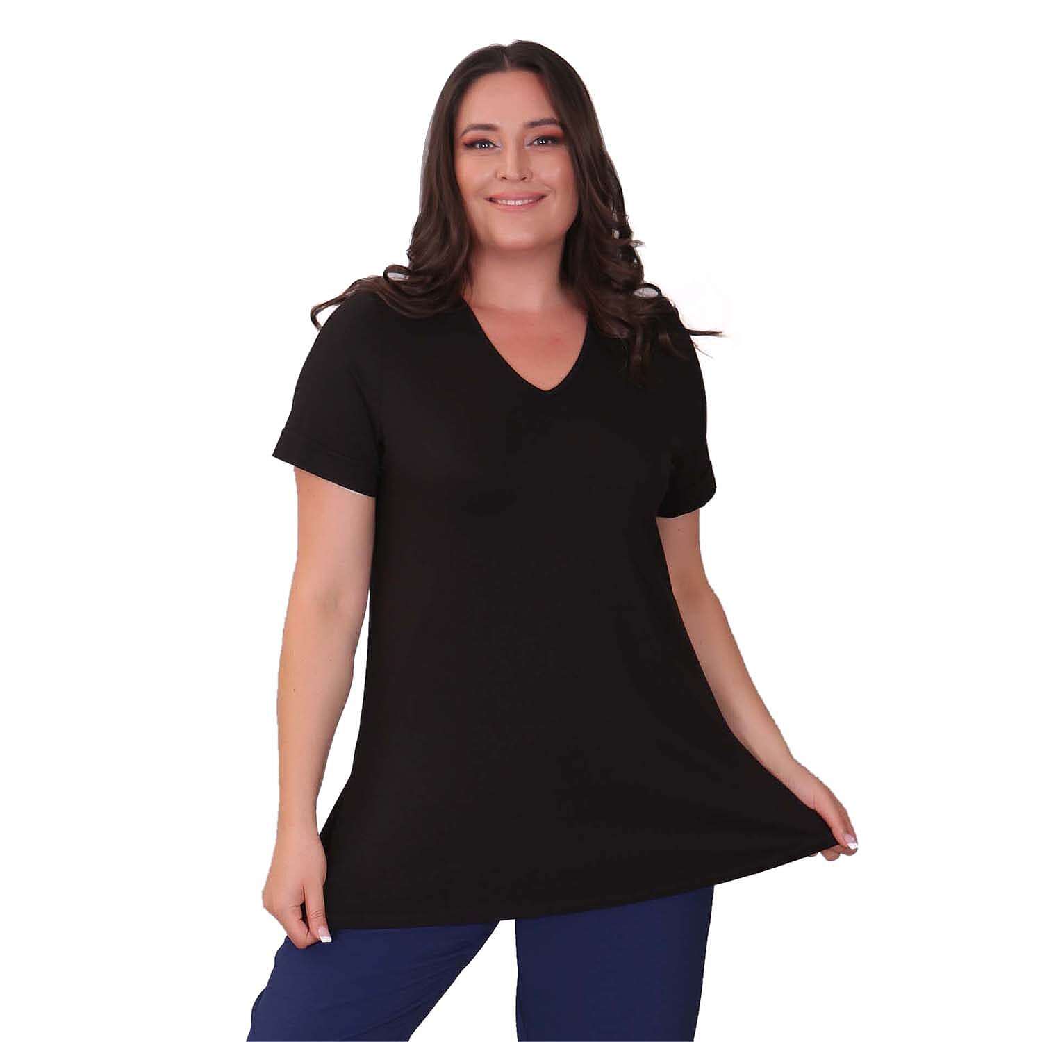 TAMSY Long Solid Coloured Viscose Tunic Top (Size S,8-10) - Black