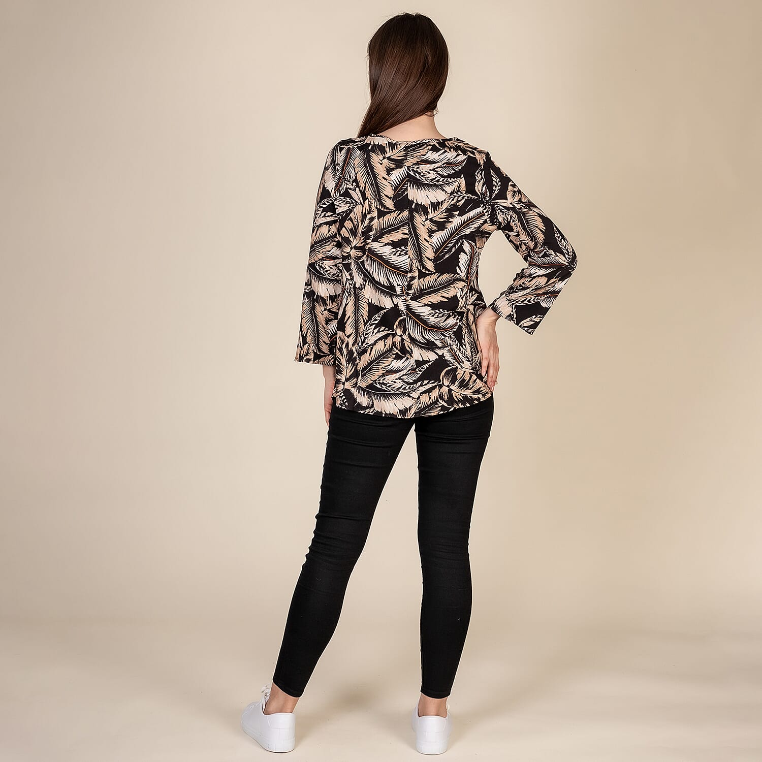 TAMSY 100% Viscose Palm Leaf Pattern Top (Size S,8-10) - Black - Beige