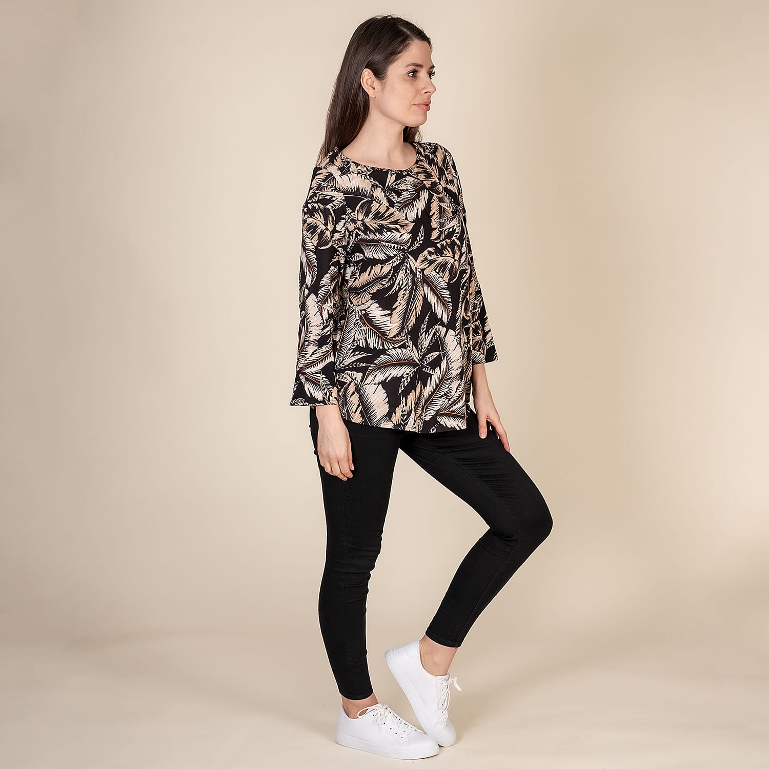 TAMSY 100% Viscose Palm Leaf Pattern Top (Size S,8-10) - Black - Beige
