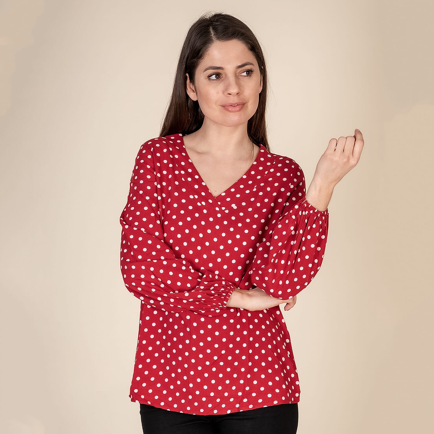 TAMSY 100% Viscose Polka Dot Pattern Top (Size S,8-10) - Red