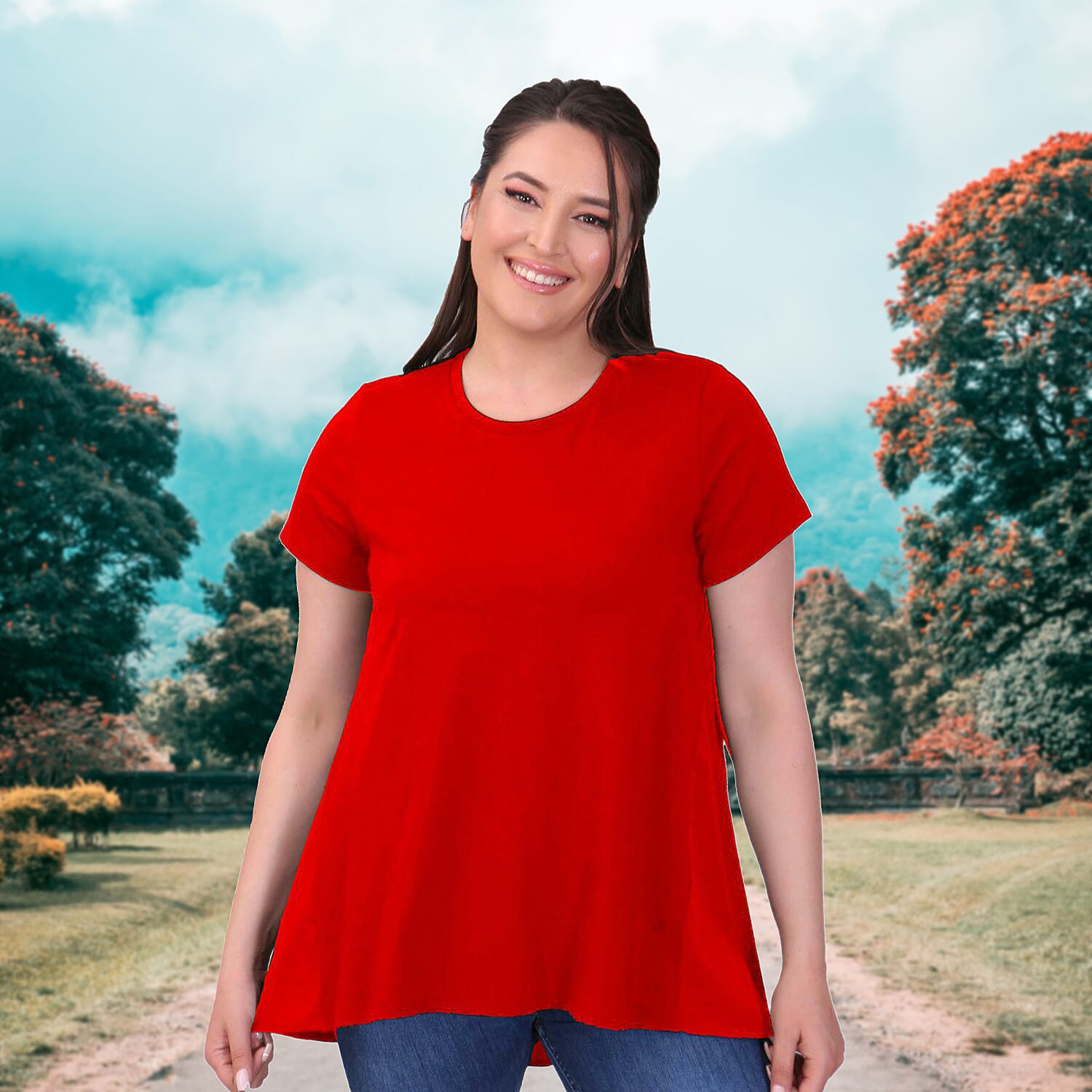 TAMSY Poplin Tunic Blouse (Size S,8-10) - Red