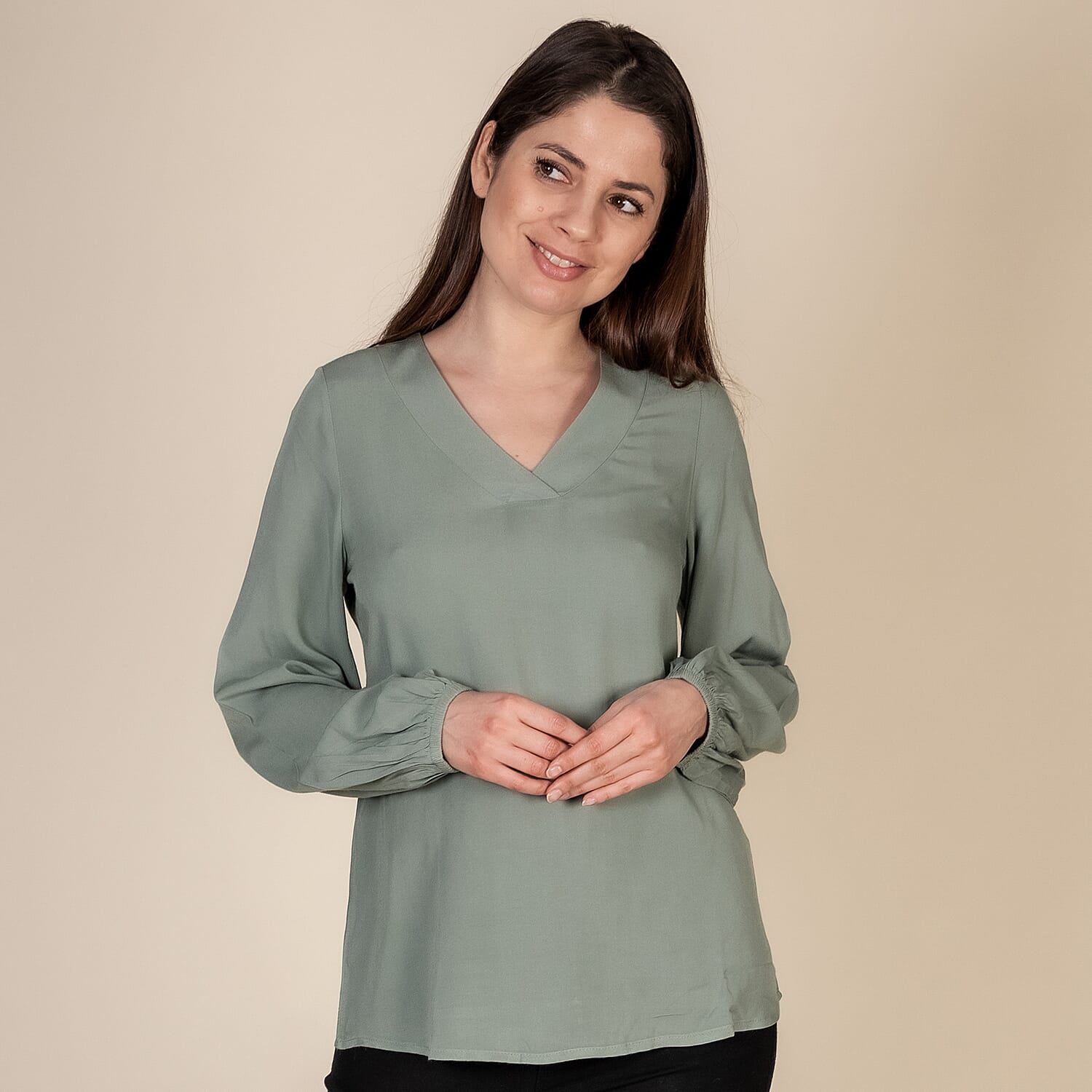 TAMSY 100% Viscose V Neck Top (Size S,8-10) - Pista Green