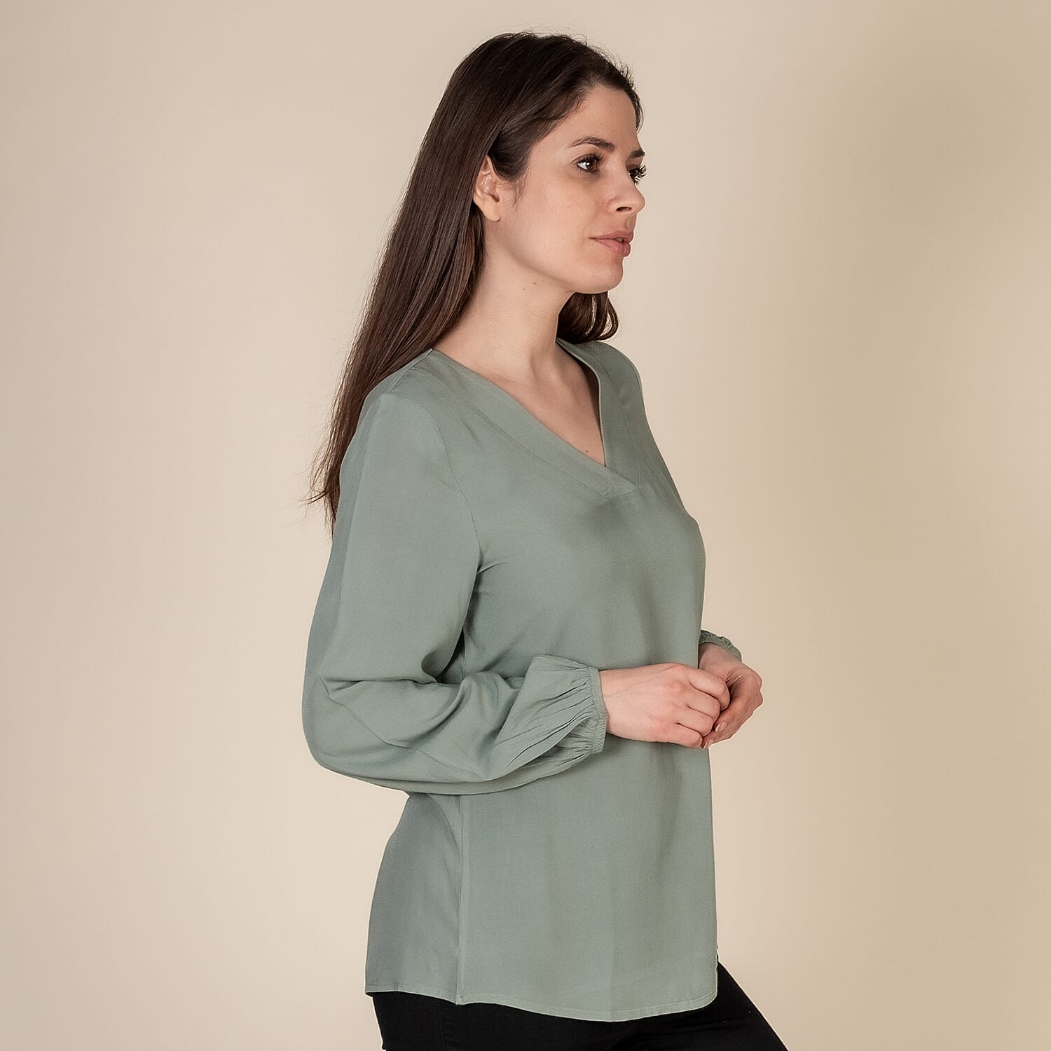 TAMSY 100% Viscose V Neck Top (Size S,8-10) - Pista Green