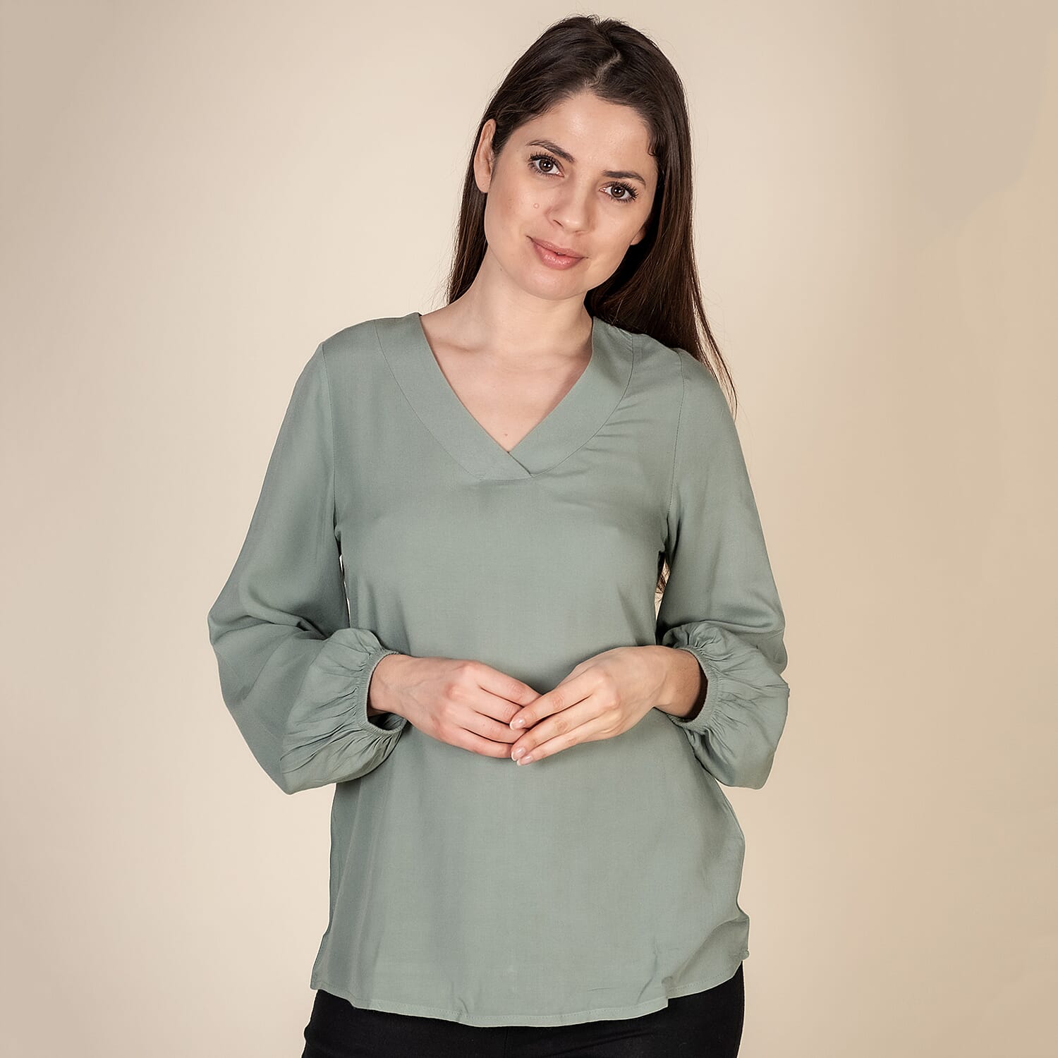 TAMSY 100% Viscose V Neck Top (Size S,8-10) - Pista Green