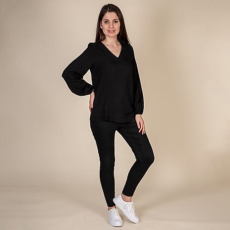 TAMSY 100% Viscose V Neck Top (Size S,8-10) - Black