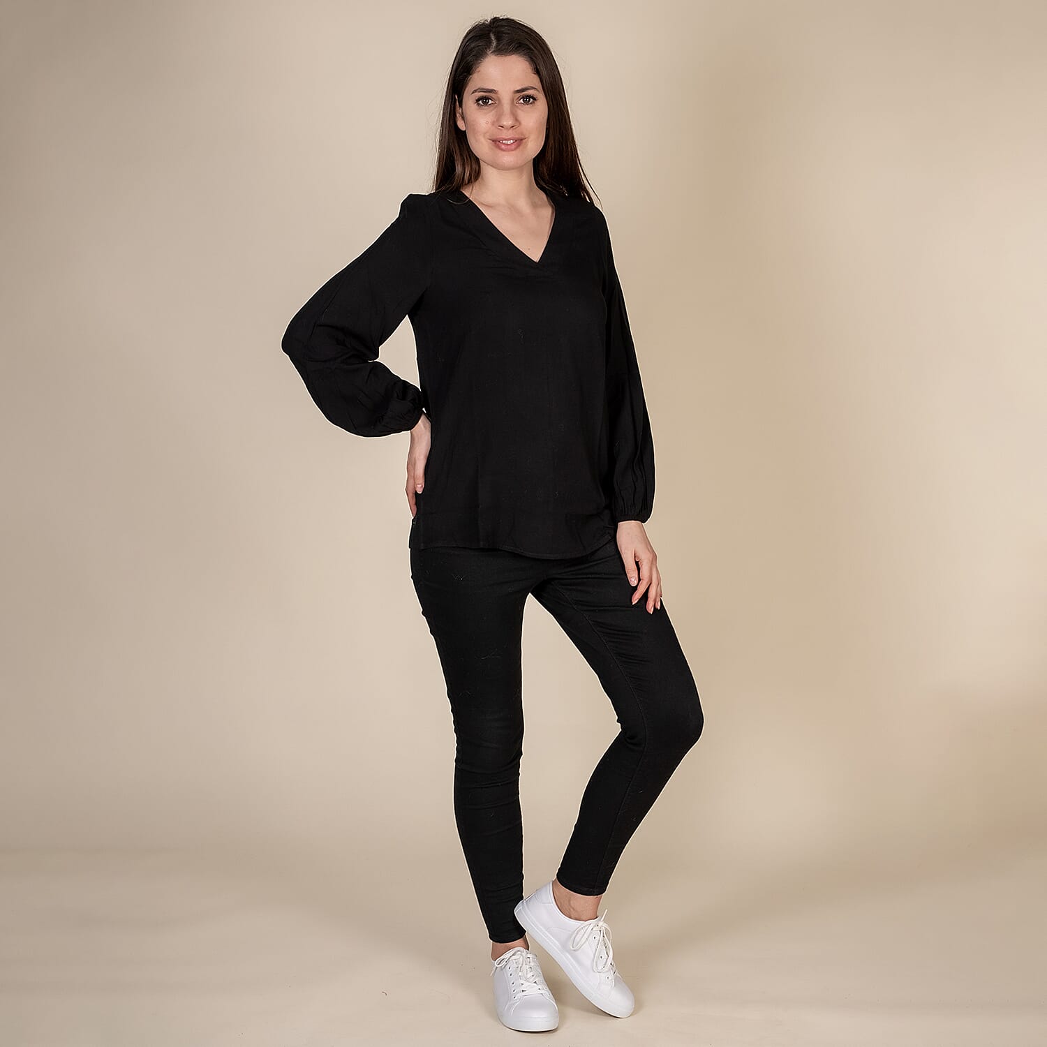 TAMSY 100% Viscose V Neck Top (Size L,16-18) - Black