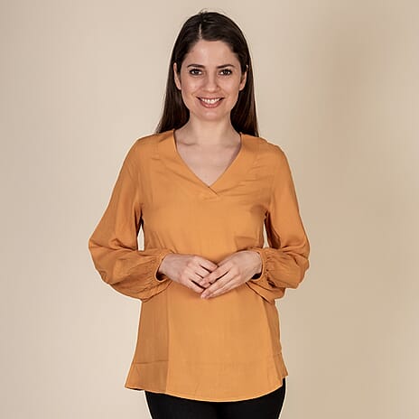 TAMSY 100% Viscose V Neck Top (Size M,12-14) - Orange