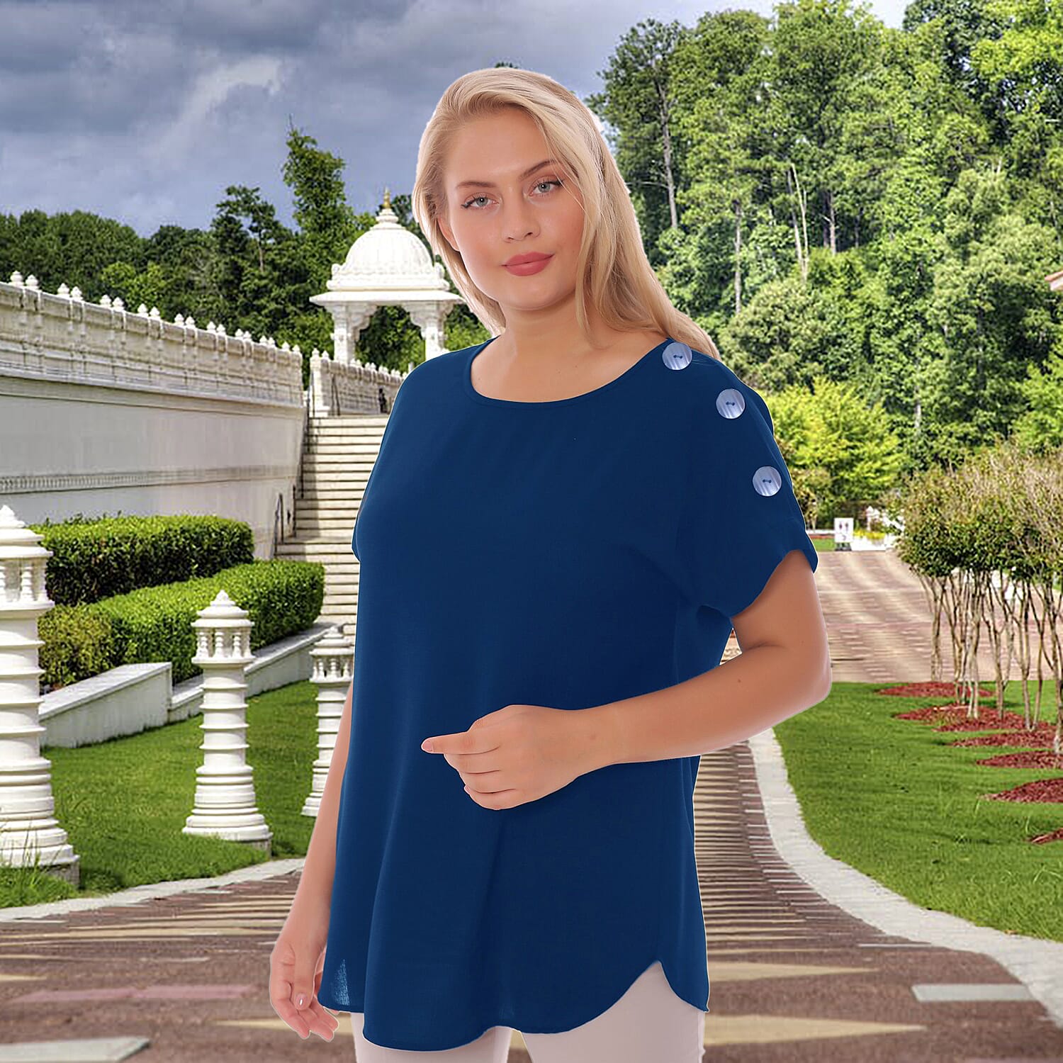 TAMSY Buttoned Womens Top (Size S,8-10) - Navy Blue