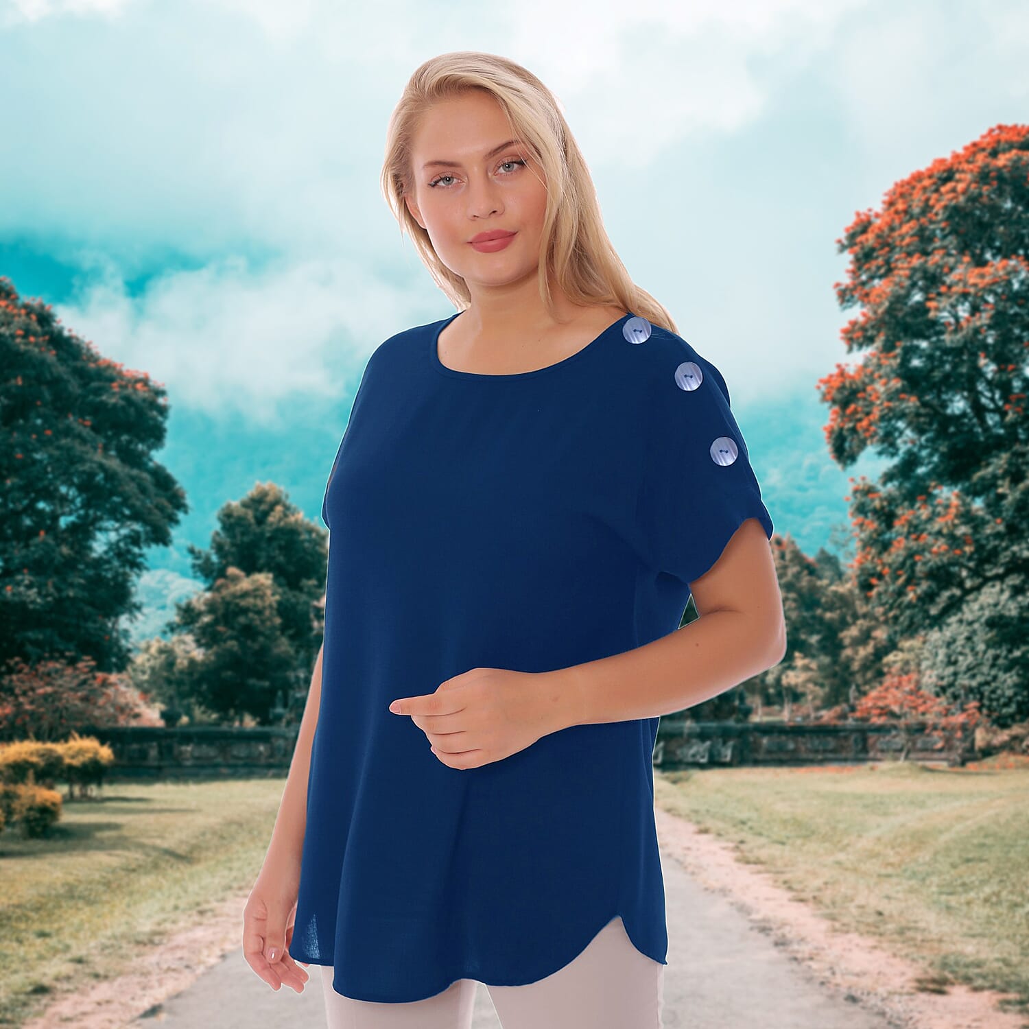 TAMSY Buttoned Womens Top (Size S,8-10) - Navy Blue