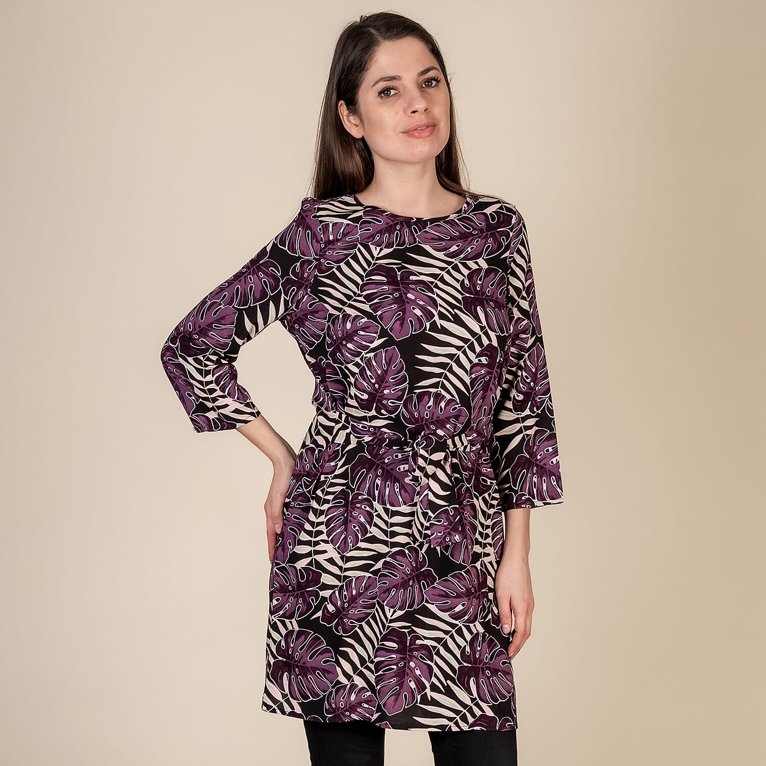 TAMSY Leaf Printed Plum Dress (Size S,8-10) - Black & Purple