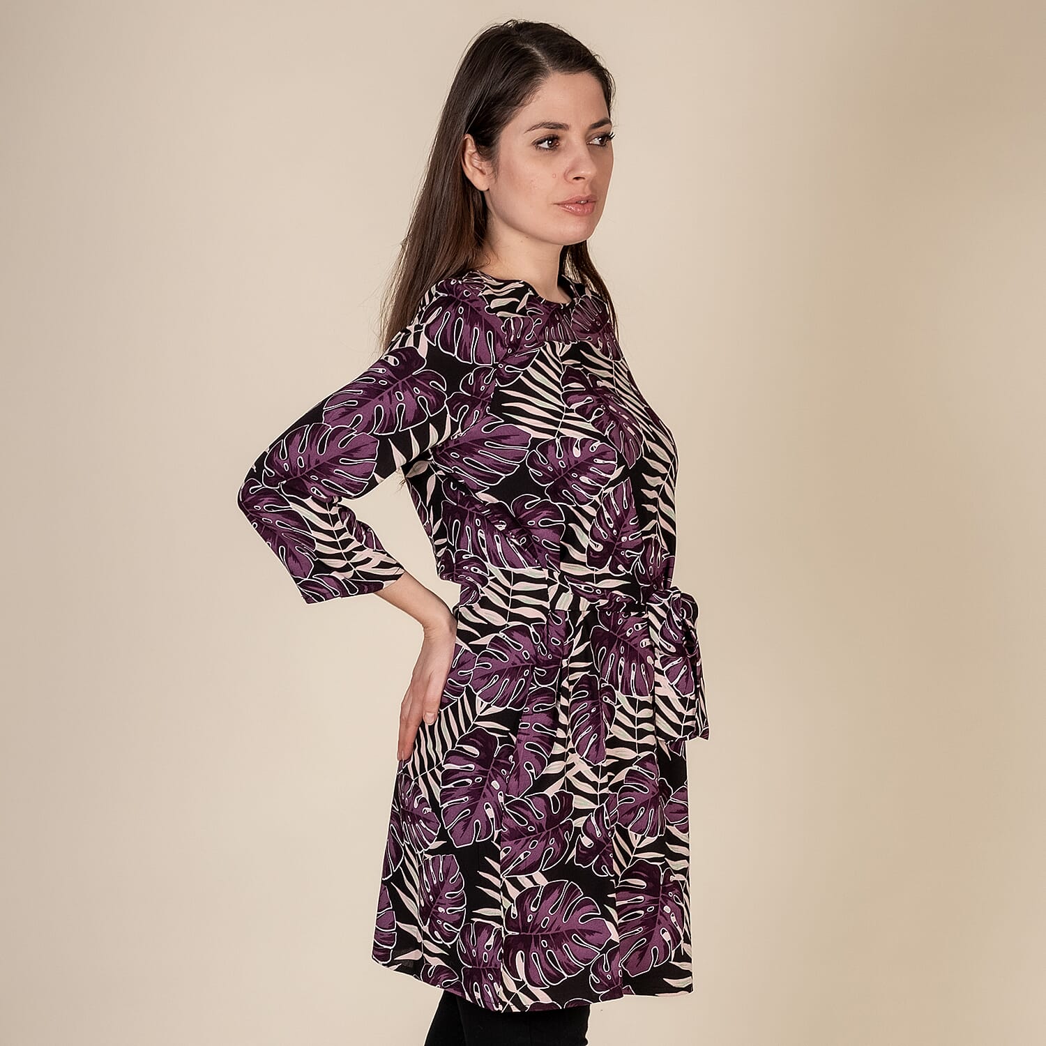 TAMSY Leaf Printed Plum Dress (Size S,8-10) - Black & Purple