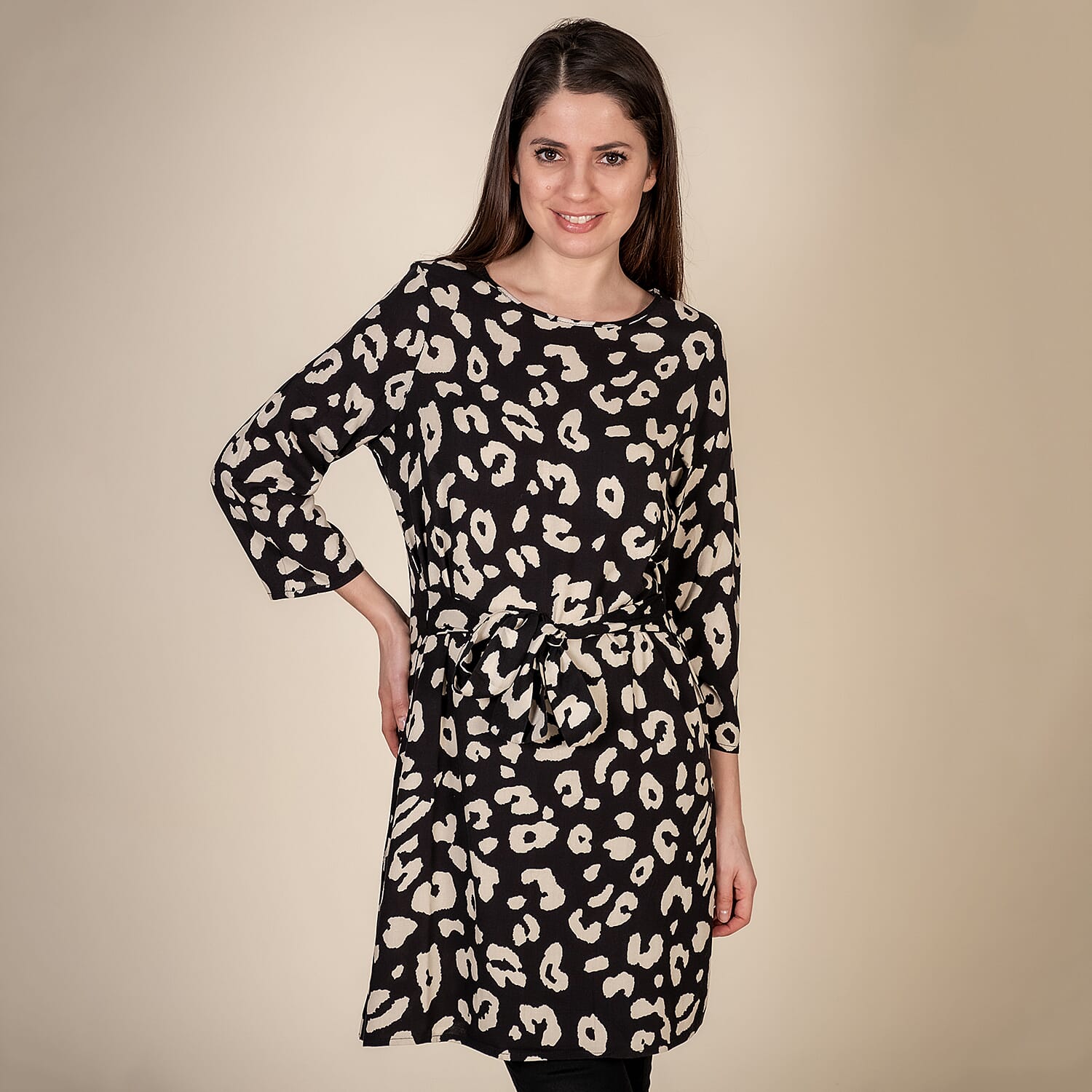 TAMSY 100% Viscose Leopard Pattern Plum Dress (Size S,8-10) - Black & Beige