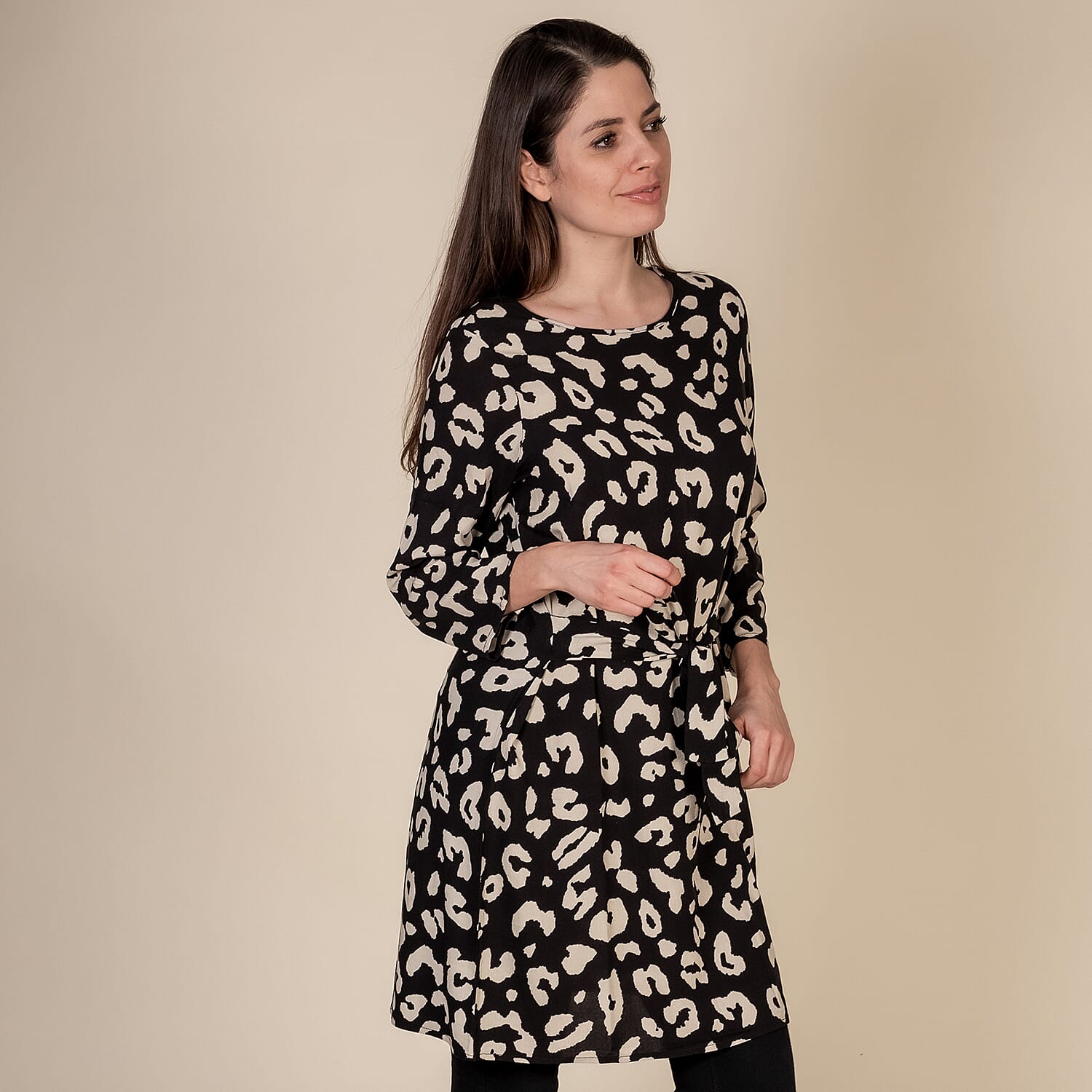 TAMSY 100% Viscose Leopard Pattern Plum Dress (Size S,8-10) - Black & Beige