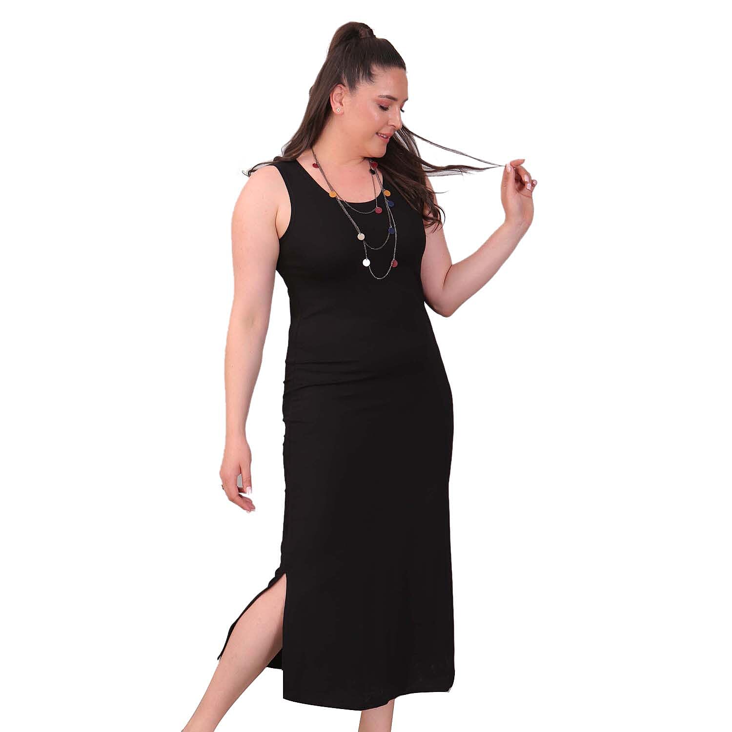 TAMSY Viscose Jersey Dress with Side Slit (Size S,8-10) - Black