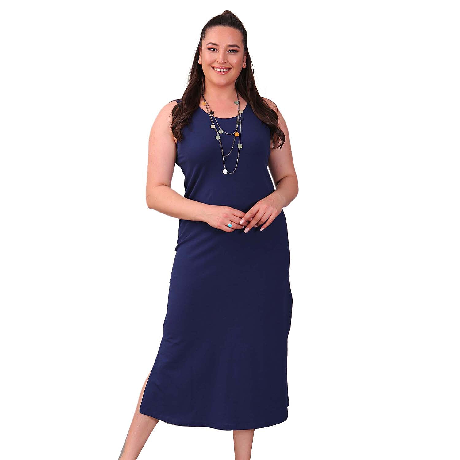 TAMSY Viscose Jersey Dress with Side Slit (Size L,16-18) - Blue