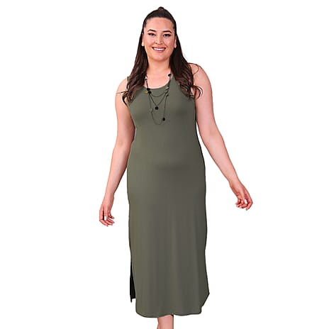 TAMSY Viscose Jersey Dress with Side Slit (Size M,12-14) - Khaki