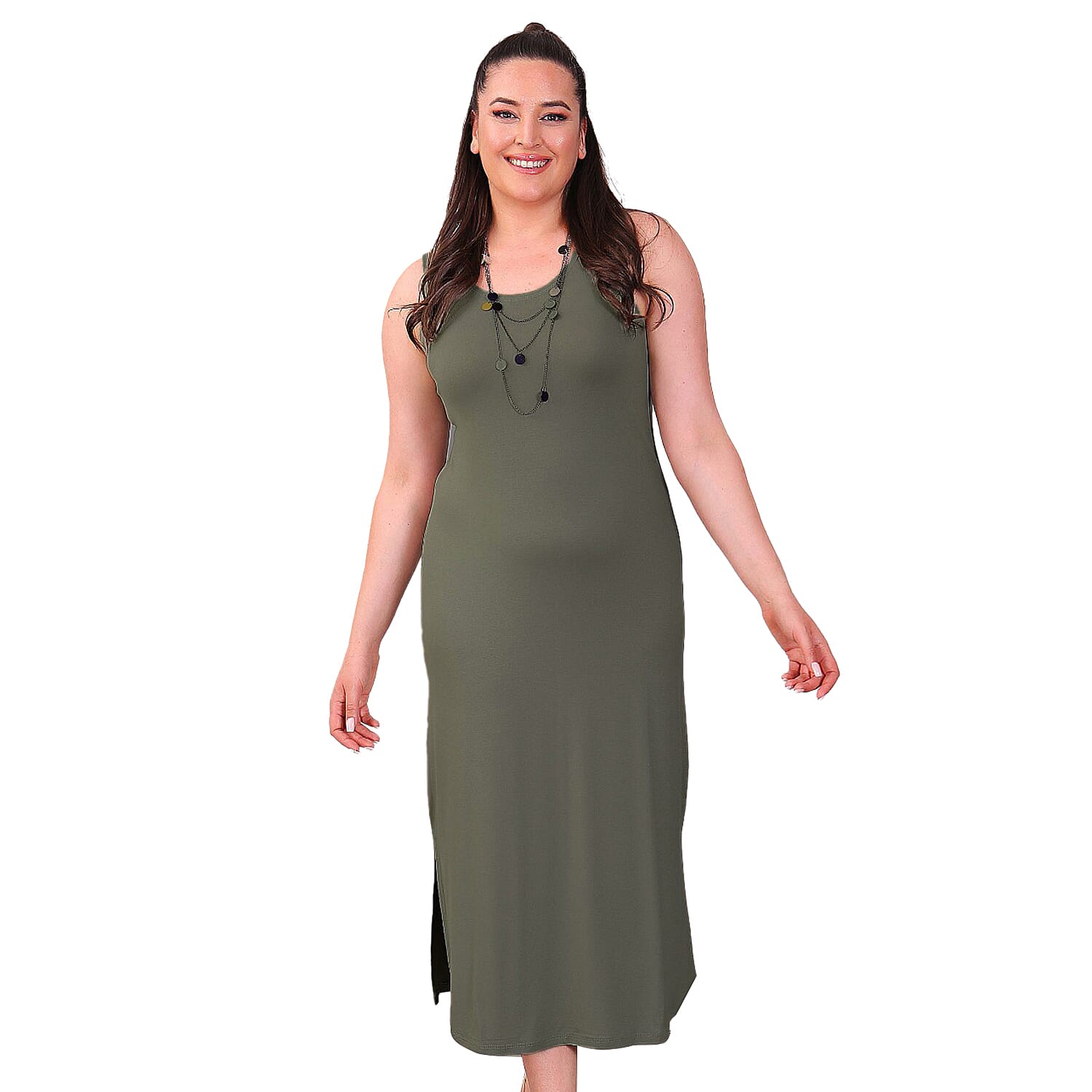 TAMSY Viscose Jersey Dress with Side Slit (Size XL,20-22) - Khaki