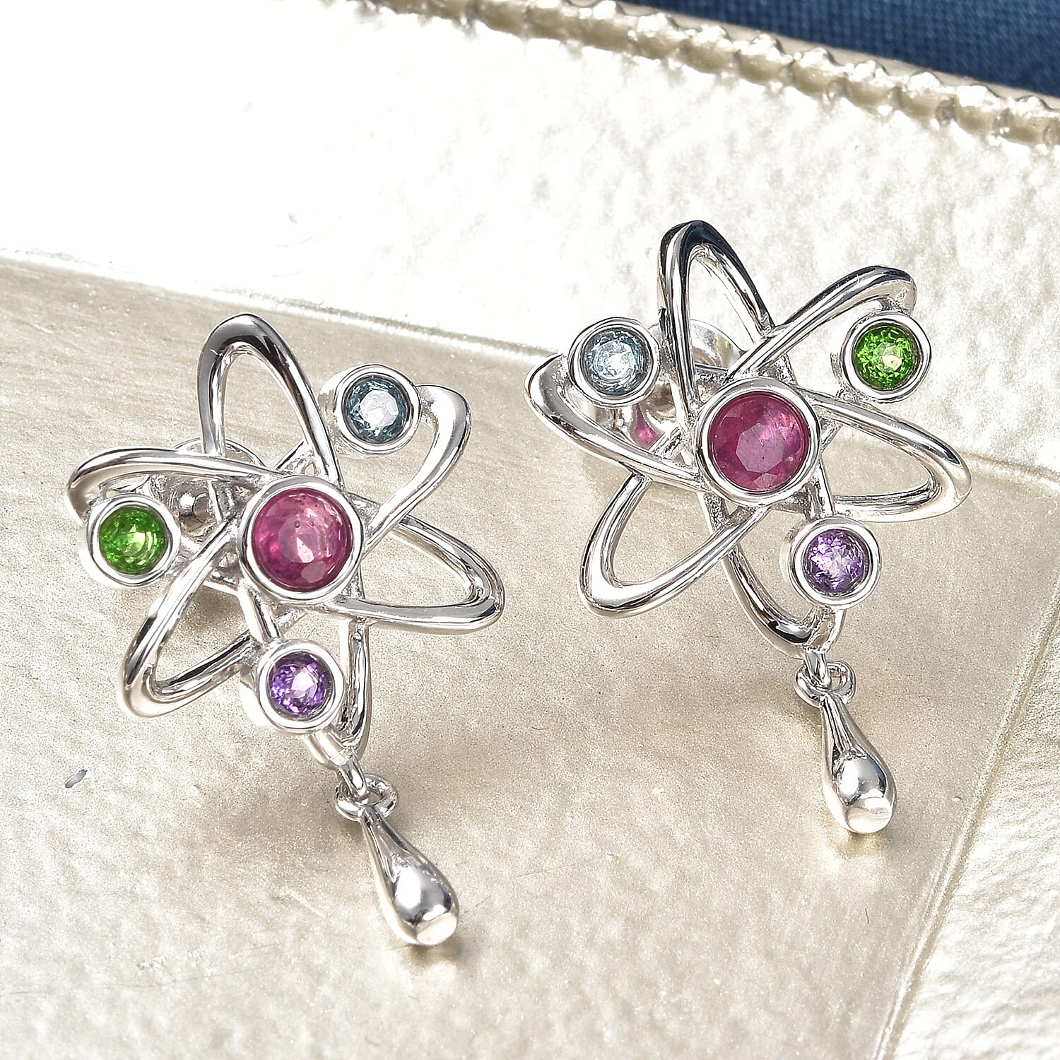 LucyQ Constellation Collection - African Ruby (FF), London Blue Topaz, Chrome Diopside and Amethyst  Dangling Earrings (with Push Back) in Rhodium Overlay Sterling Silver