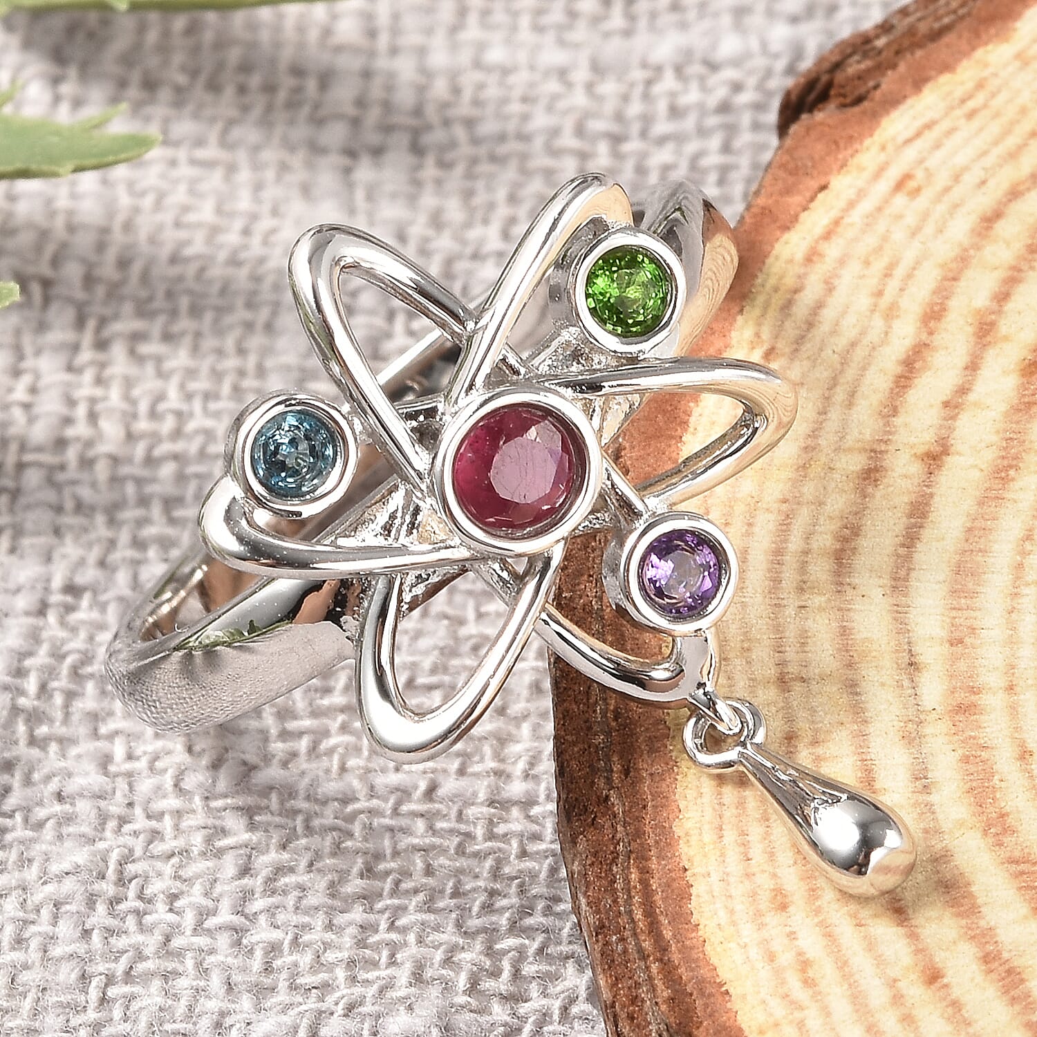 LucyQ Constellation Collection - African Ruby (FF), London Blue Topaz, Chrome Diopside and Amethyst Ring in Rhodium Overlay Sterling Silver