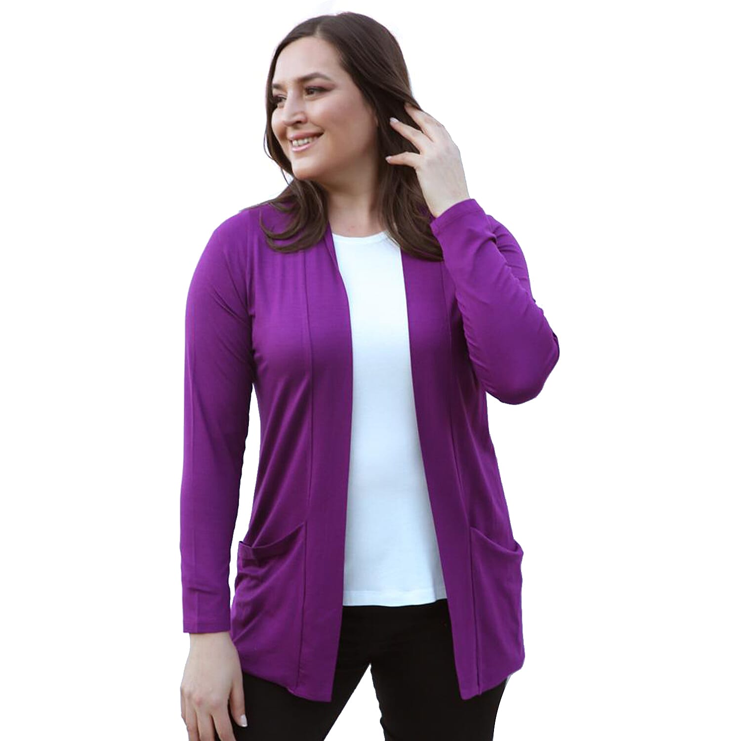 TAMSY Jersey Cardigan with Pockets (Size 14) - Purple