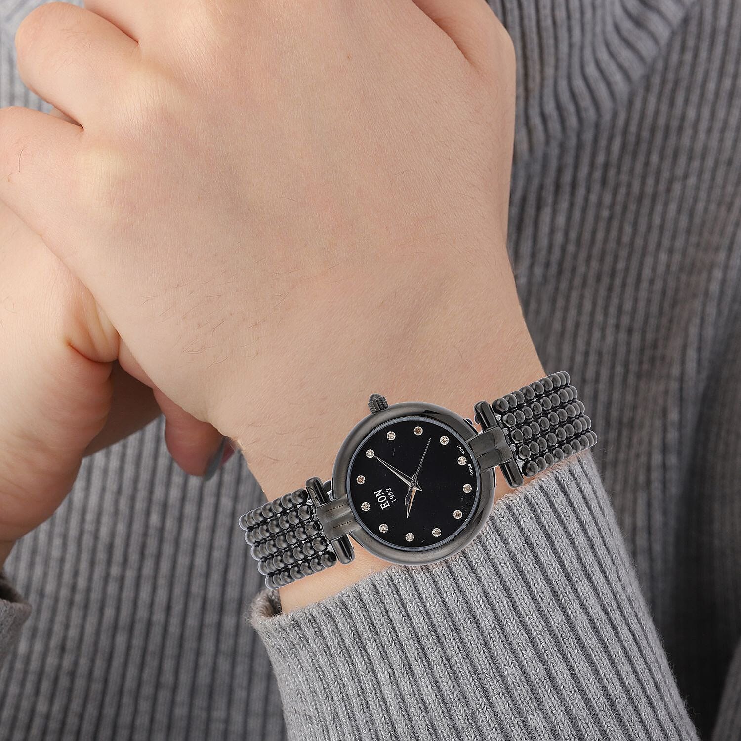 EON 1962 Swiss Movement 12 Champagne Diamonds 5ATM Water Resistant Timepiece - Black