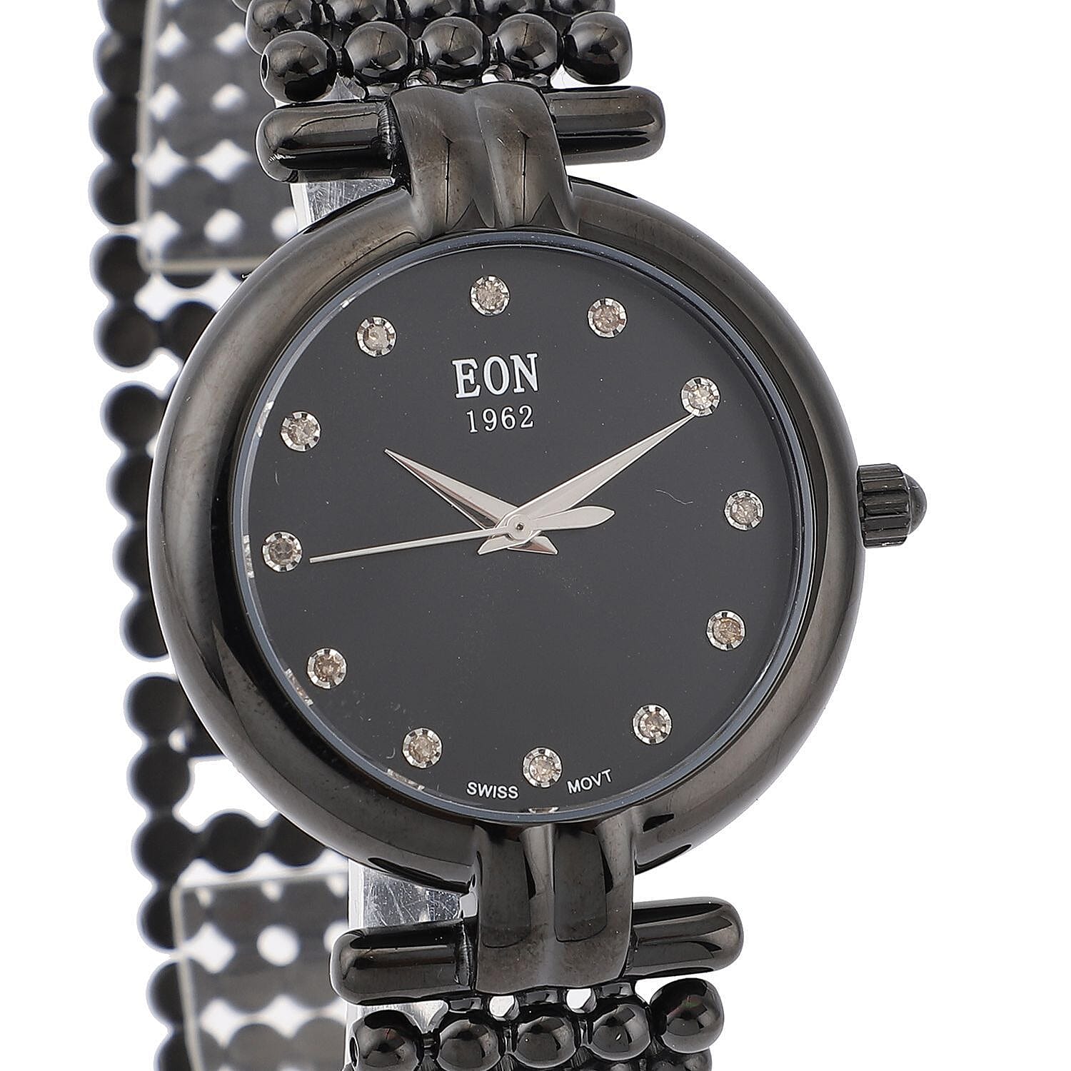 EON 1962 Swiss Movement 12 Champagne Diamonds 5ATM Water Resistant Timepiece - Black