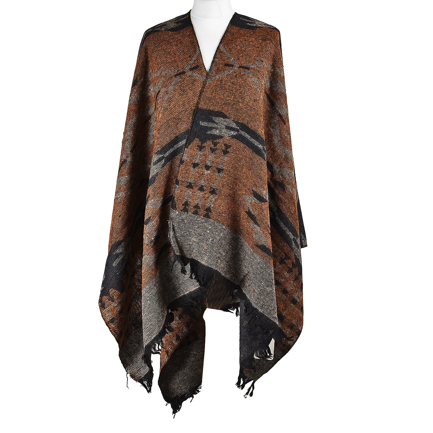 Turkish Design Jacquard Poncho (Size 160x140 cm) - Brown