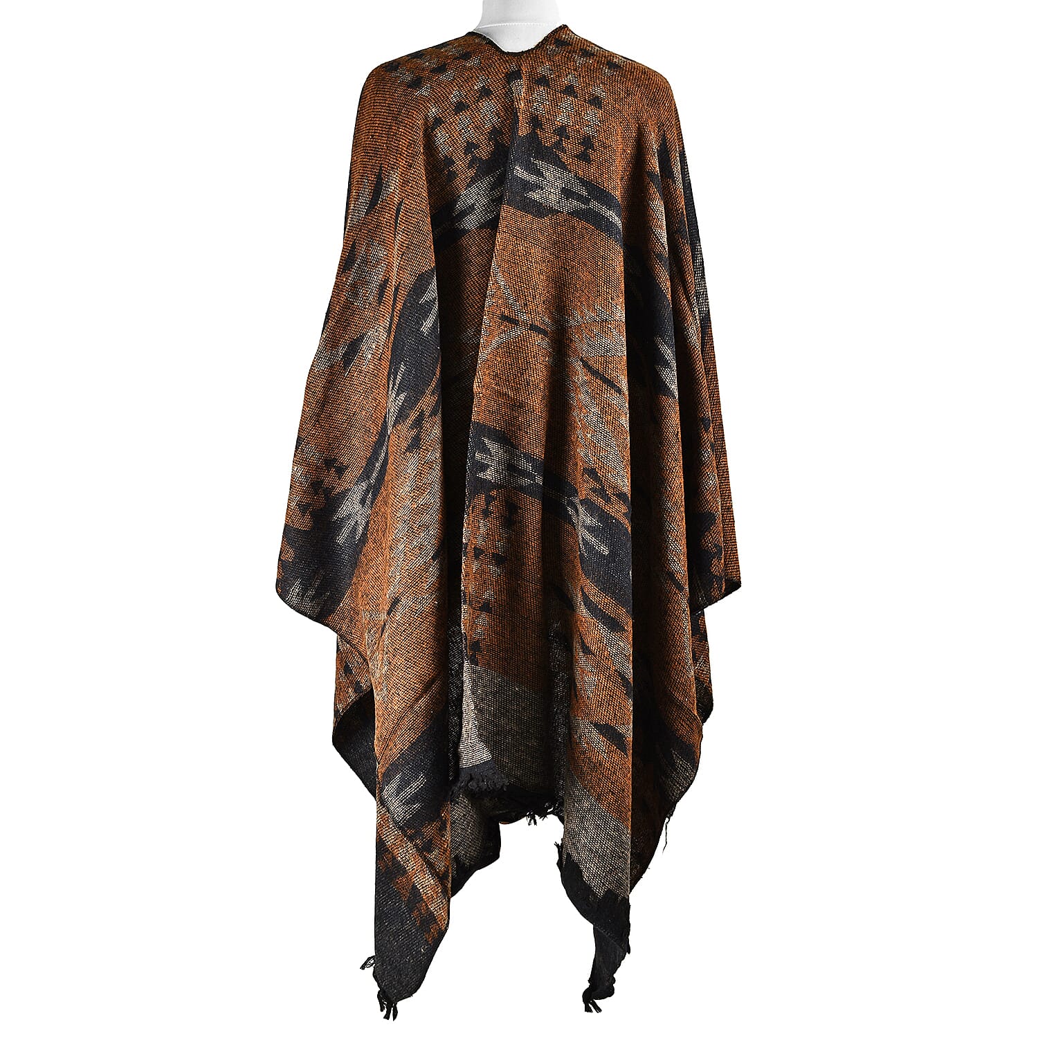 Turkish Design Jacquard Poncho (Size 160x140 cm) - Brown