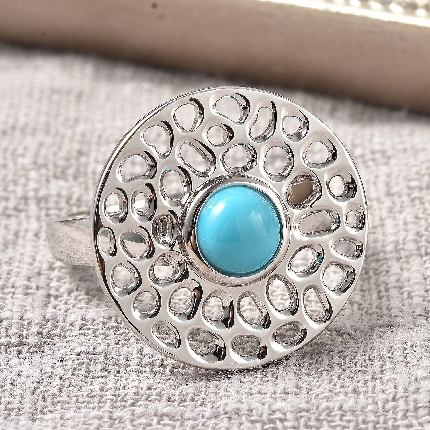 RACHEL GALLEY Arizona Sleeping Beauty Turquoise Ring in Rhodium Overlay Sterling Silver, Silver Wt. 5.70 Gms